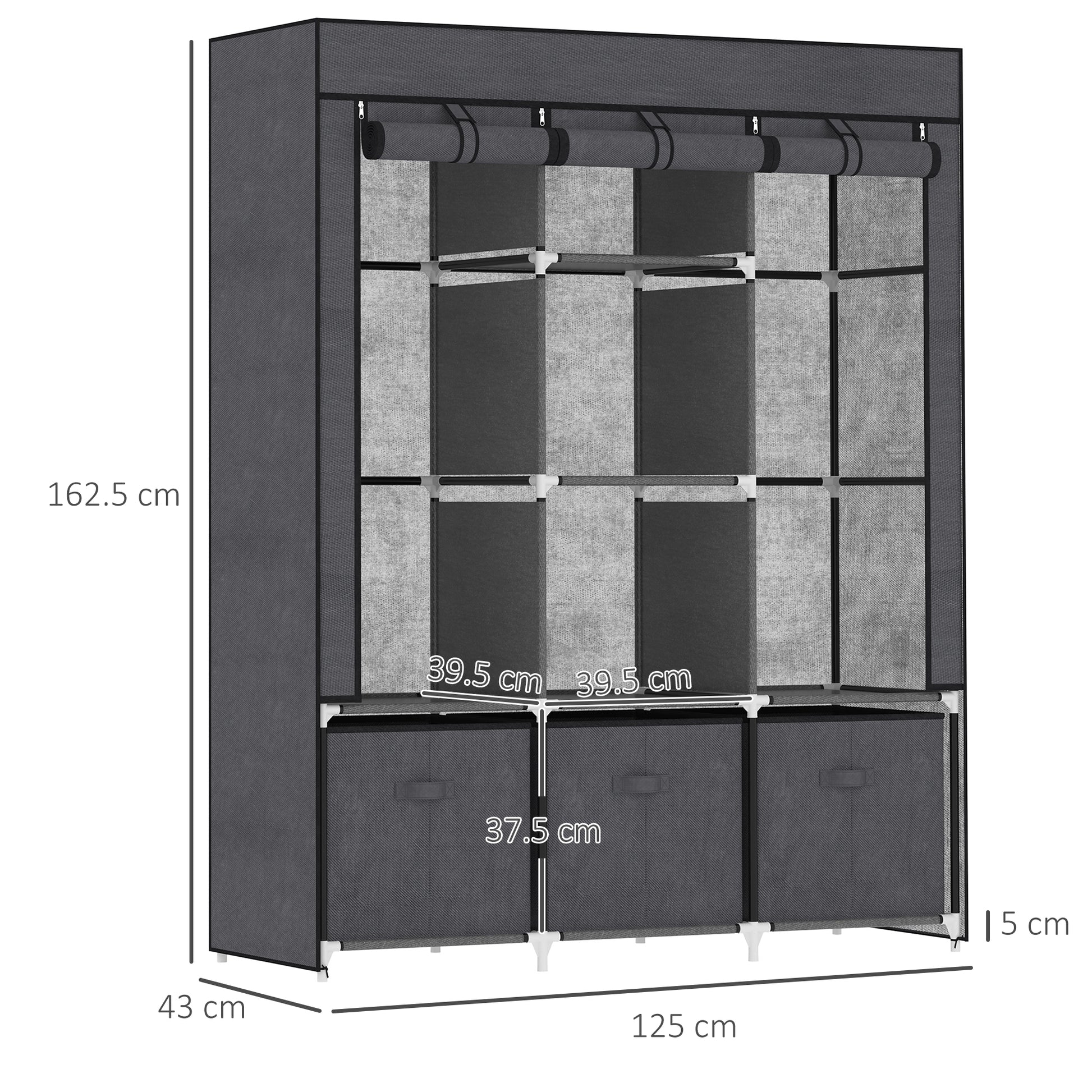 HOMCOM Fabric Wardrobe, Portable Wardrobe with 5 Shelves, 2 Hanging Rails and 3 Fabric Drawers, Foldable Closets, 125 x 43 x 162.5cm, Dark Grey