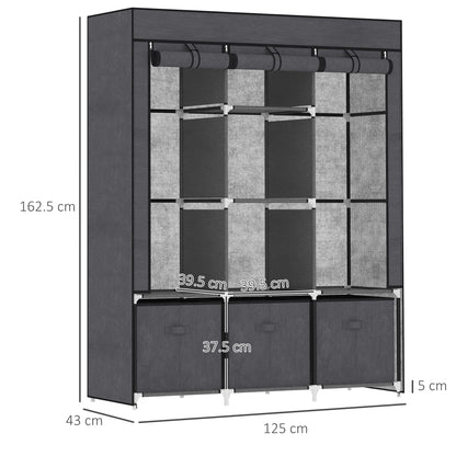 HOMCOM Fabric Wardrobe, Portable Wardrobe with 5 Shelves, 2 Hanging Rails and 3 Fabric Drawers, Foldable Closets, 125 x 43 x 162.5cm, Dark Grey
