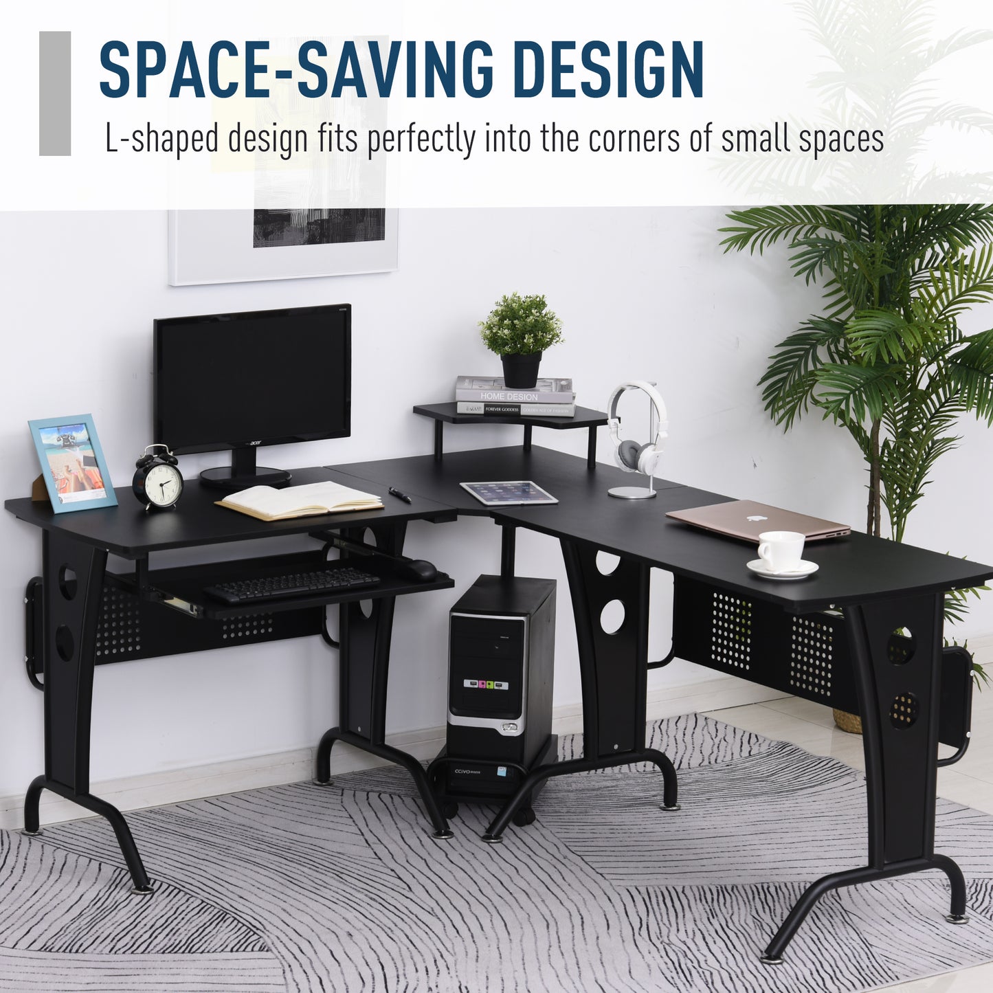 HOMCOM L-Shaped Corner Work Desk Gaming Office w/ Steel Frame CPU Rack Keyboard Tray Space-Saving Melamine Coating Computer Home Workstation Black