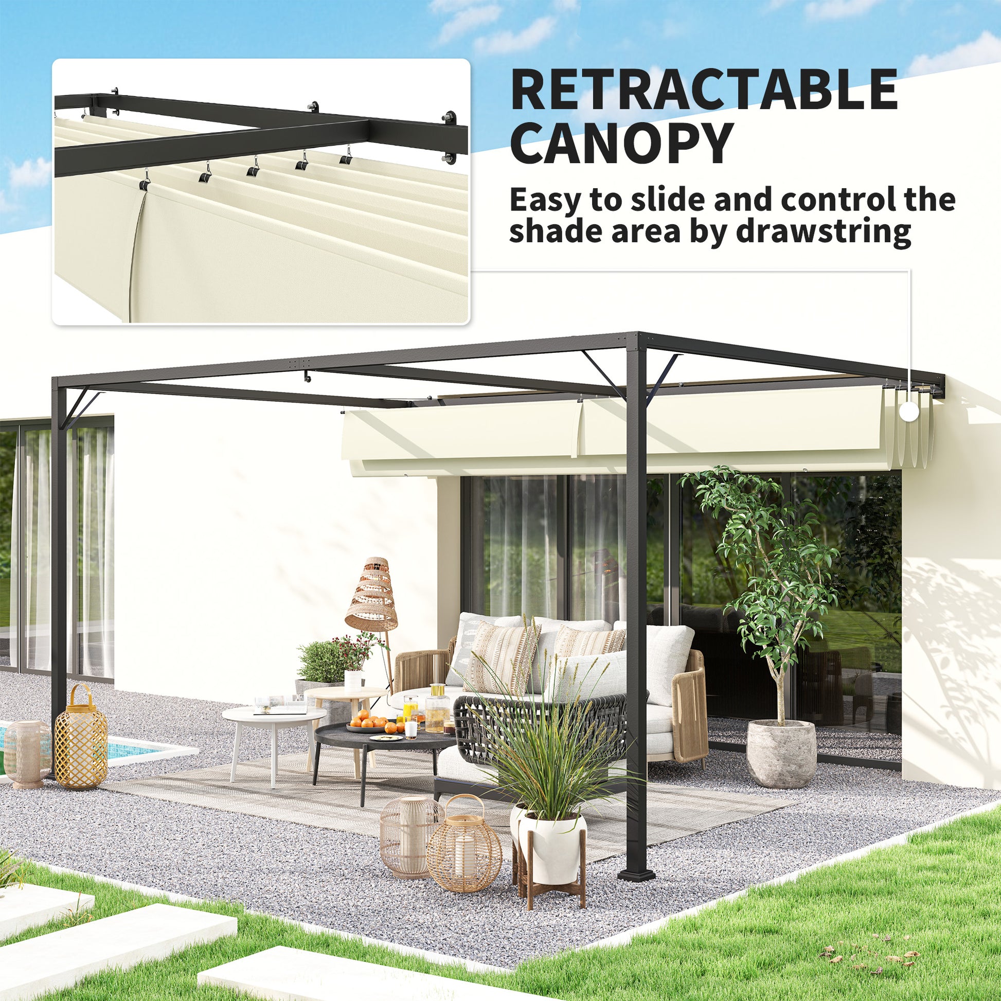 Outsunny 4 x 3(m) Outdoor Lean To Pergola Retractable Canopy Wall Mounted Gazebo Patio Shelter Sun Shade, Cream White