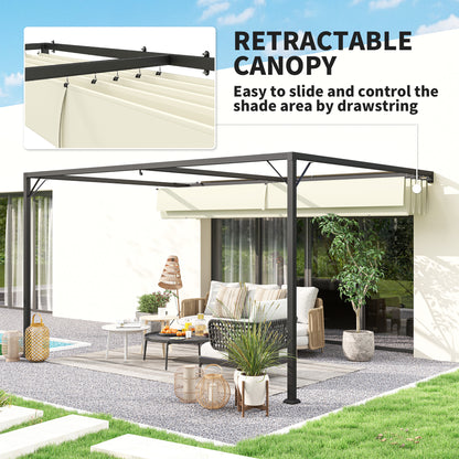 Outsunny 4 x 3(m) Outdoor Lean To Pergola Retractable Canopy Wall Mounted Gazebo Patio Shelter Sun Shade, Cream White