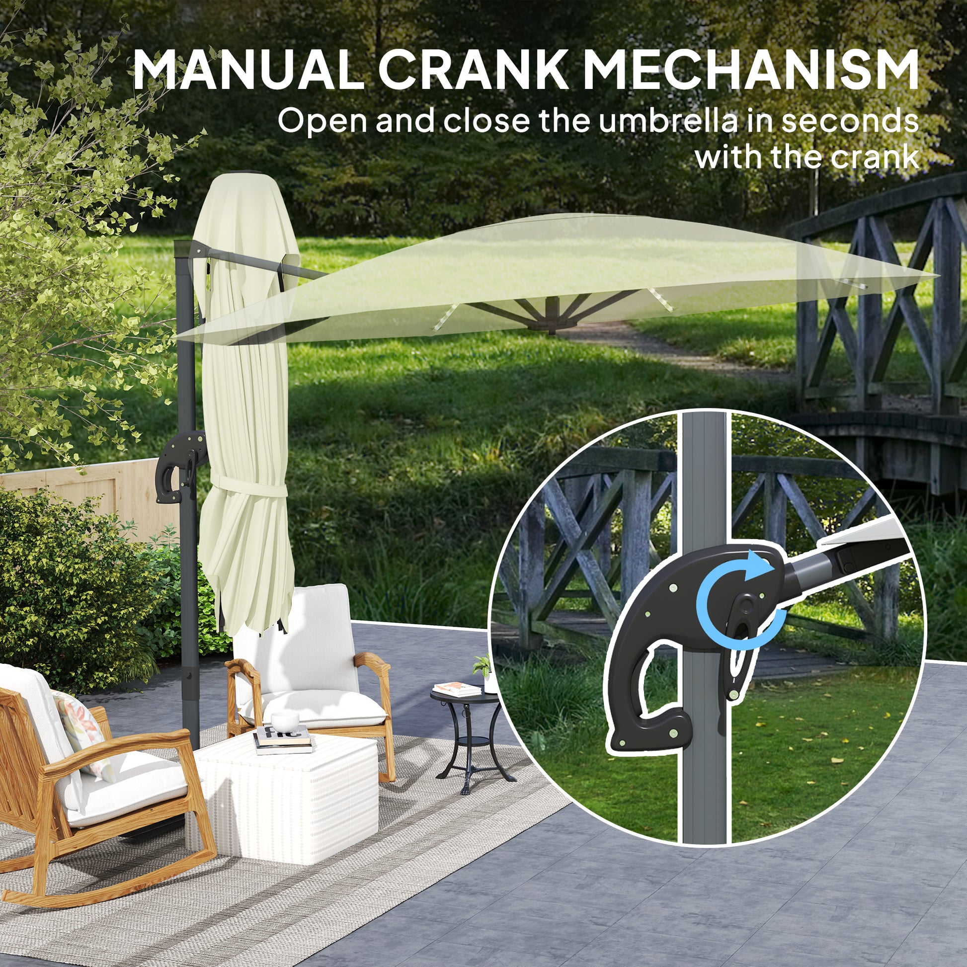 Outsunny 3(m) Cantilever Garden Parasol with Solar Powered Lights, Crank Handle & Cross Base, UPF 50+, 360° Rotation, Cream