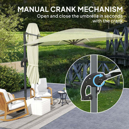 Outsunny 3(m) Cantilever Garden Parasol with Solar Powered Lights, Crank Handle & Cross Base, UPF 50+, 360° Rotation, Cream