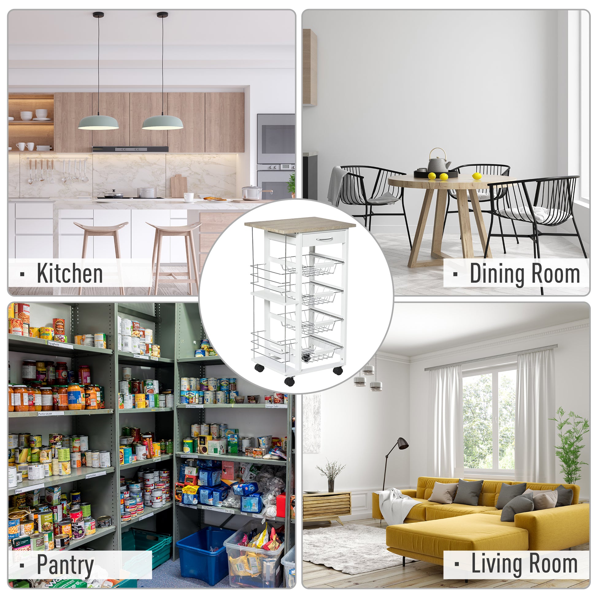 HOMCOM Rolling Kitchen Cart, Utility Storage Cart with 4 Basket Drawers & Side Racks, Wheels for Dining Room, Brown