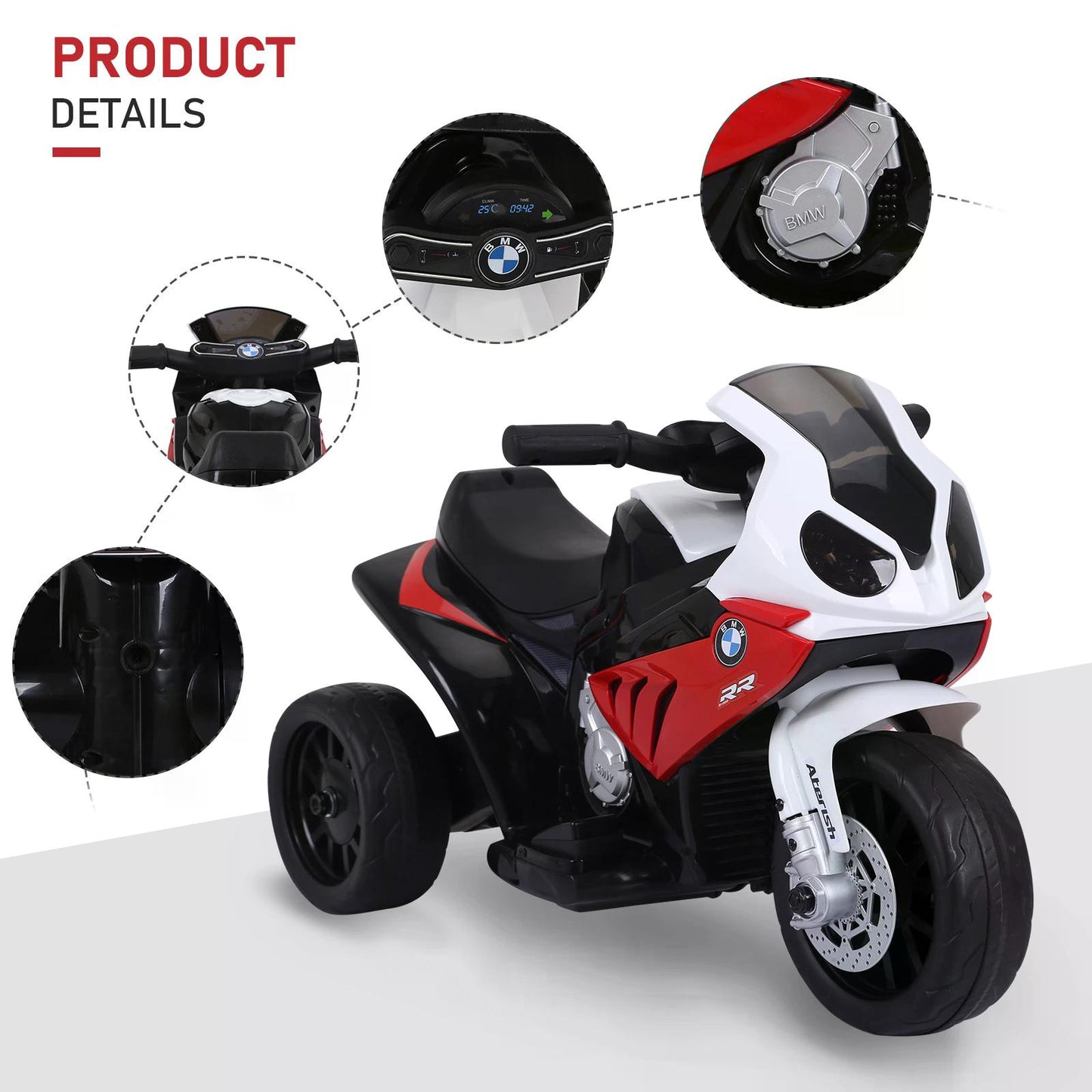HOMCOM Electric Motorbike for Kids Ride on BMW Motorbike W/Headlights and Music, 6 V-Red