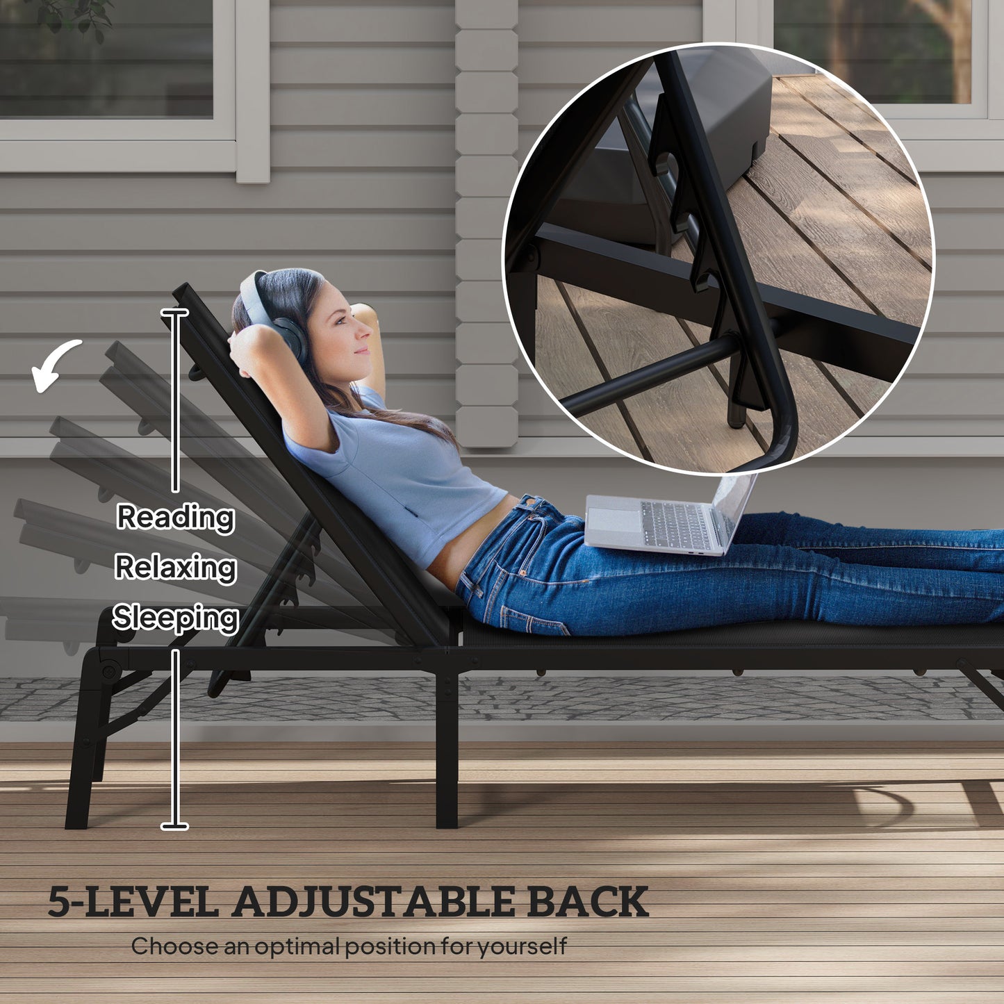 Outsunny Folding Sun Lounger, 5-Position Adjustable Garden Chaise Lounge Sunbed, Steel Frame Reclining Chair for Beach, Porch, Patio, Camping, Black