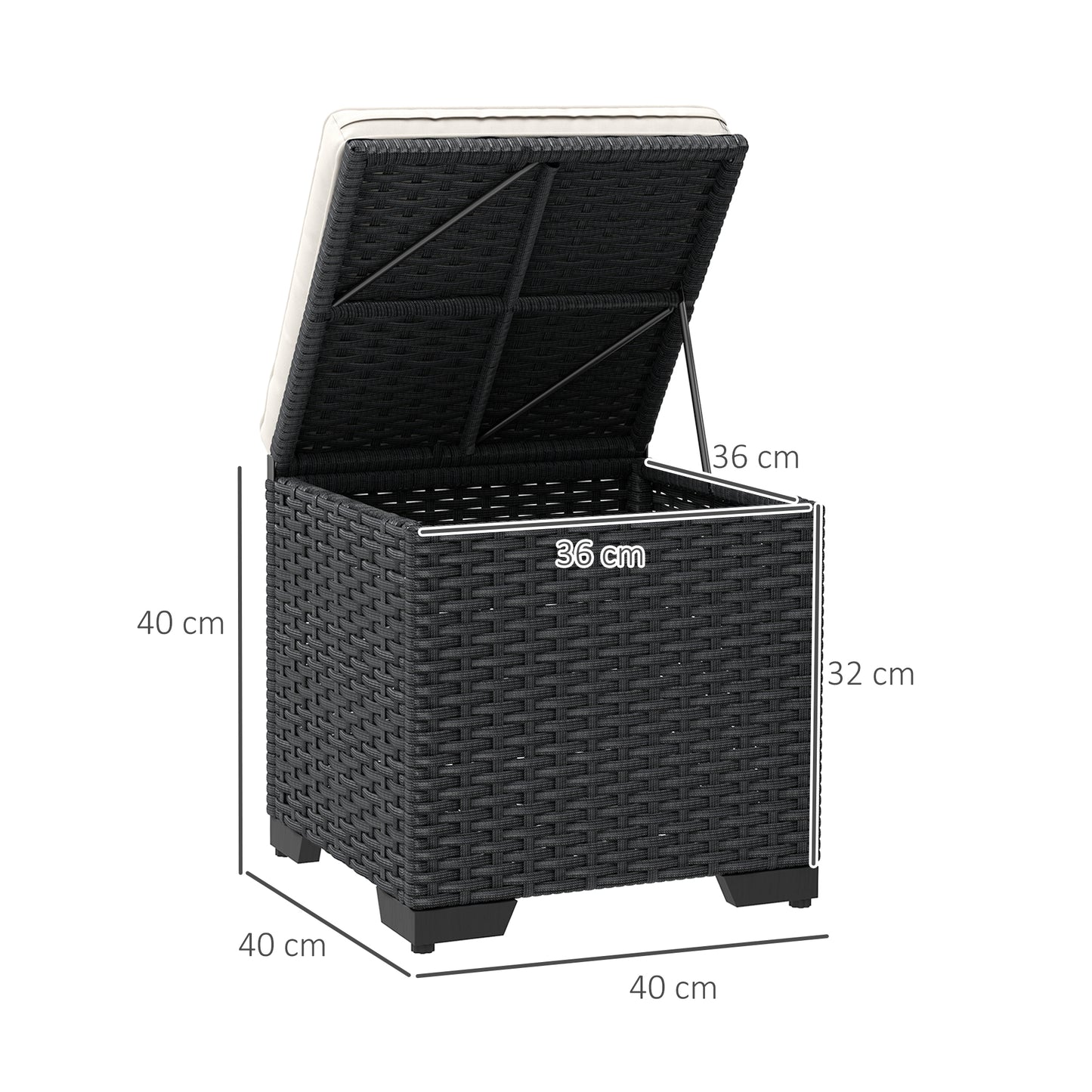 Outsunny Set of 2 Rattan Storage Ottoman, Outdoor Footstool with Removable Cushions, Garden Storage Seat for Balcony, Poolside, Living Room, Cream