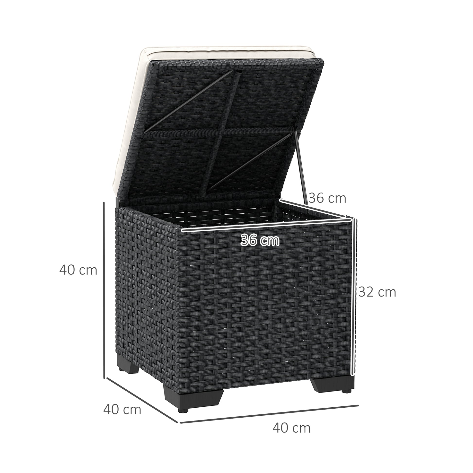 Outsunny Set of 2 Rattan Storage Ottoman, Outdoor Footstool with Removable Cushions, Garden Storage Seat for Balcony, Poolside, Living Room, Cream