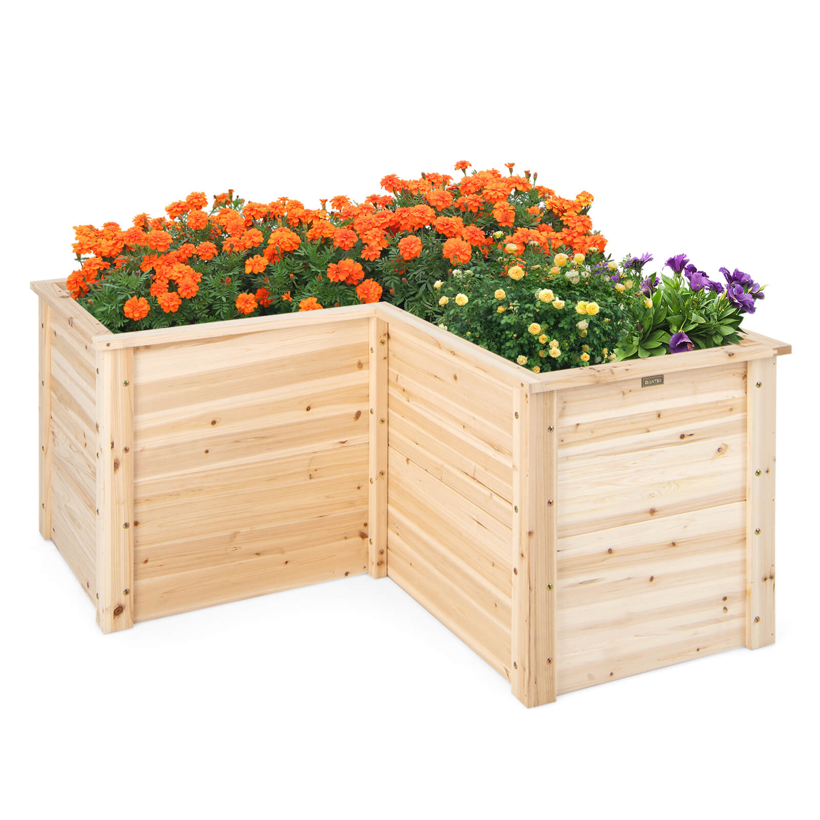 L-Shaped Fir Wood Raised Garden Bed with Open Bottom-Natural