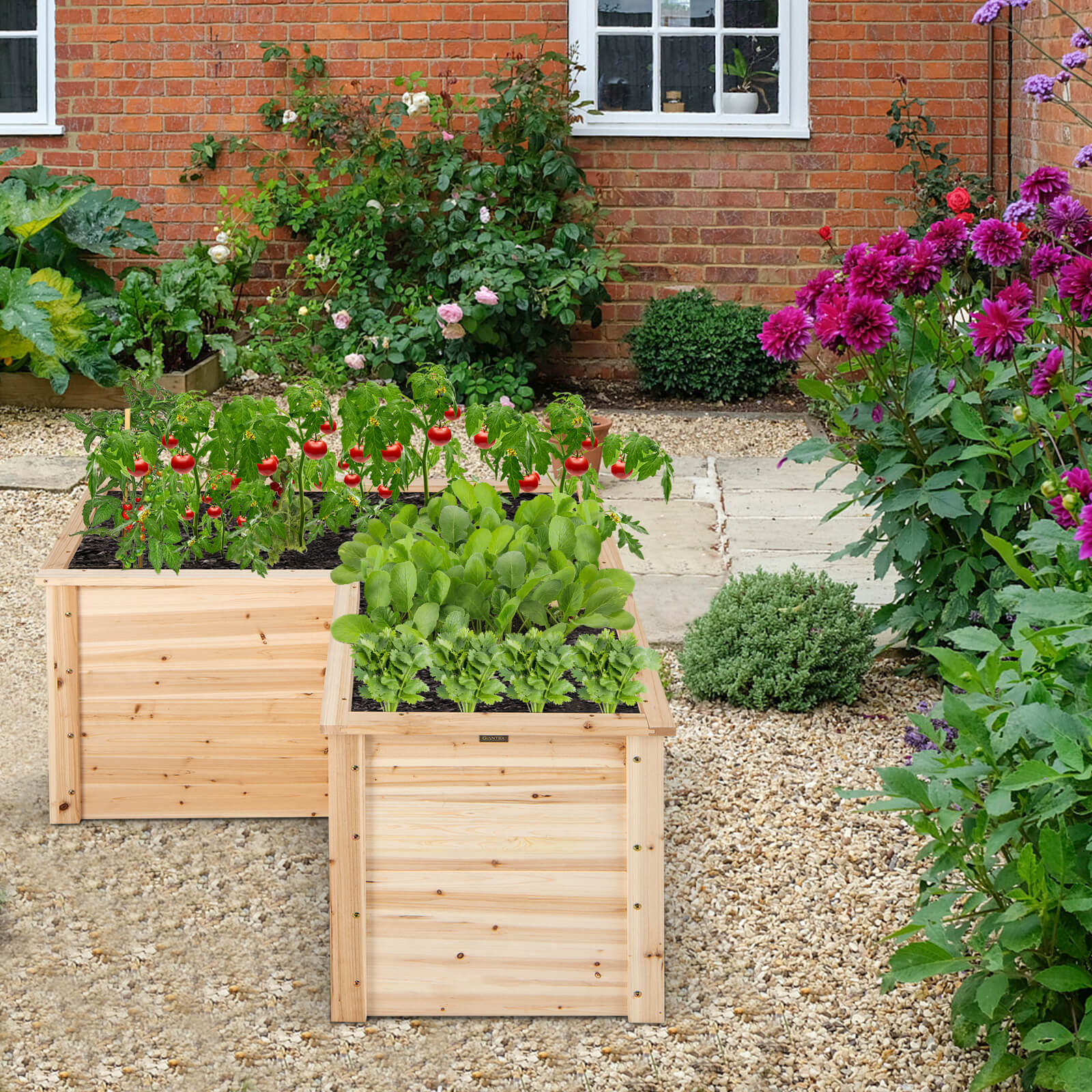 L-Shaped Fir Wood Raised Garden Bed with Open Bottom-Natural