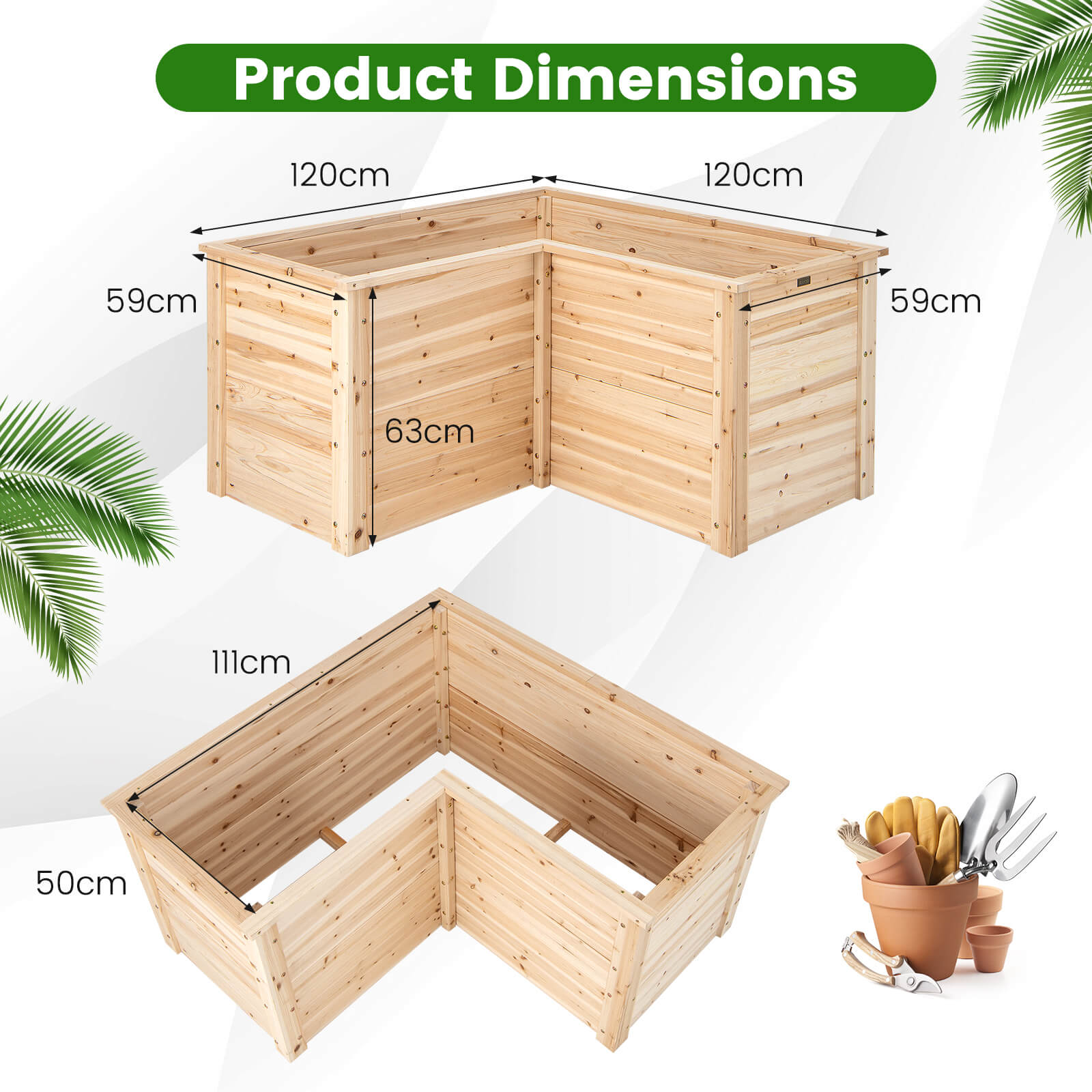 L-Shaped Fir Wood Raised Garden Bed with Open Bottom-Natural