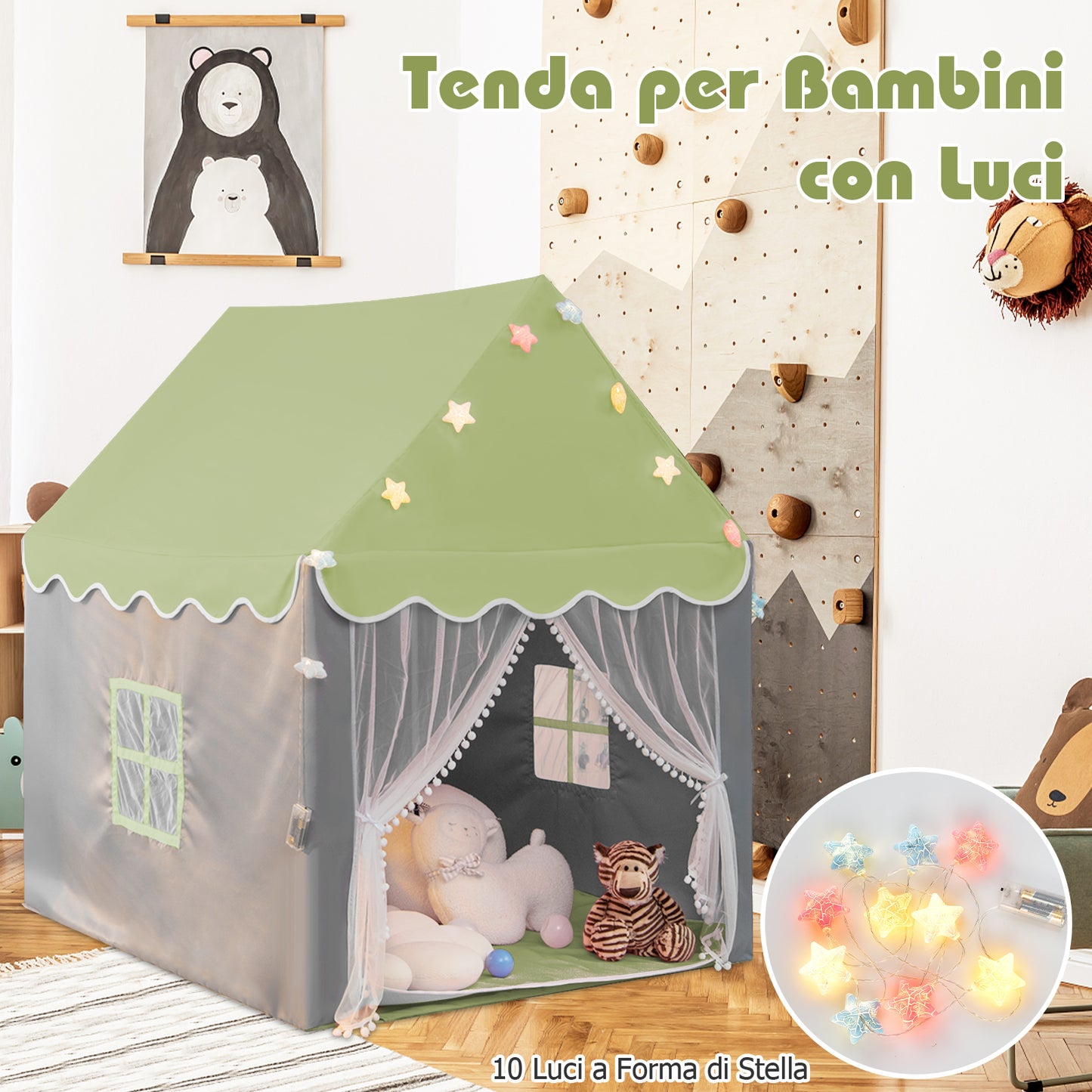 Large Kids Play House with Washable Mat and Star Lights-Green