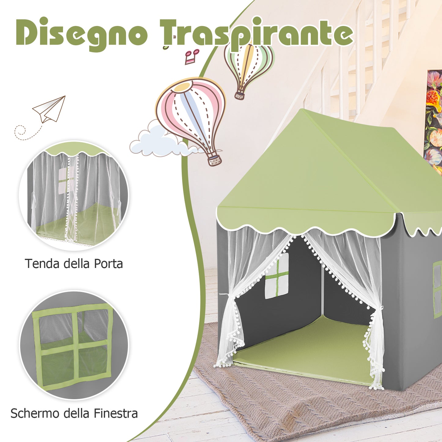 Large Kids Play House with Washable Mat and Star Lights-Green