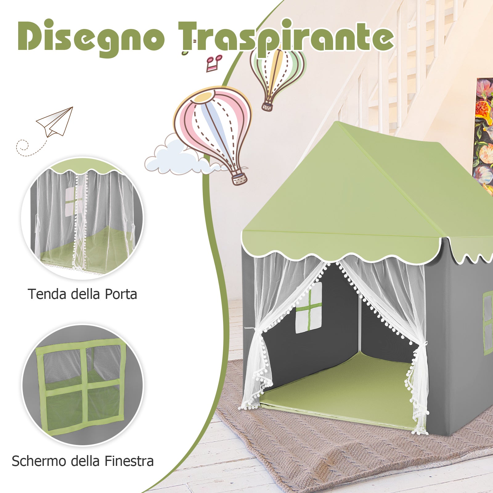 Large Kids Play House with Washable Mat and Star Lights-Green