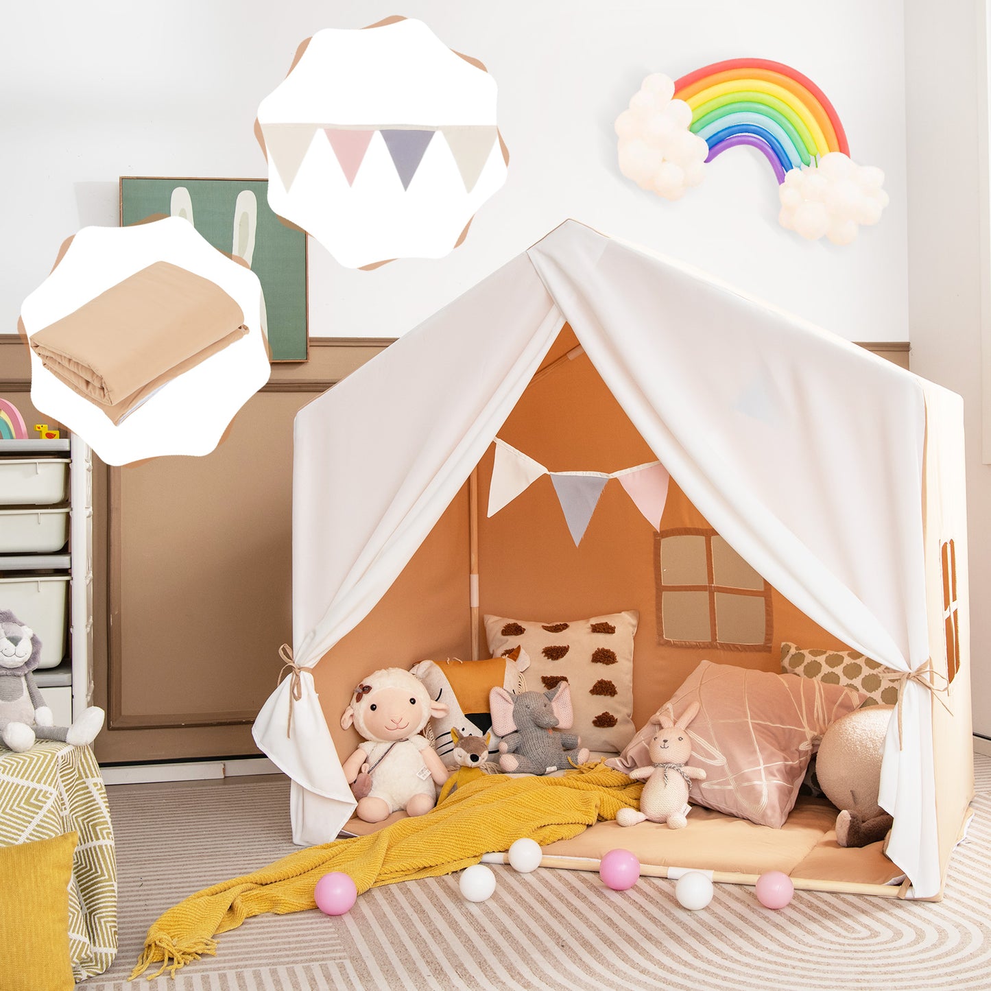 Large Kids Play Tent with Washable Cotton Mat and Flag Banner-Light Brown