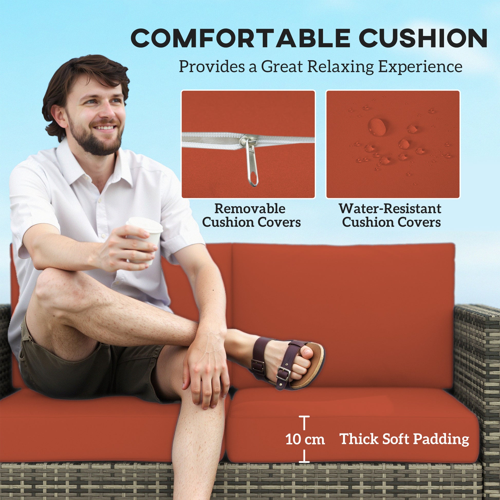 Outsunny Rattan Sofa, 2 Seater Garden Furniture with Soft Padded Cushion and Armrests, Wicker Garden Loveseat for Patio, Grey