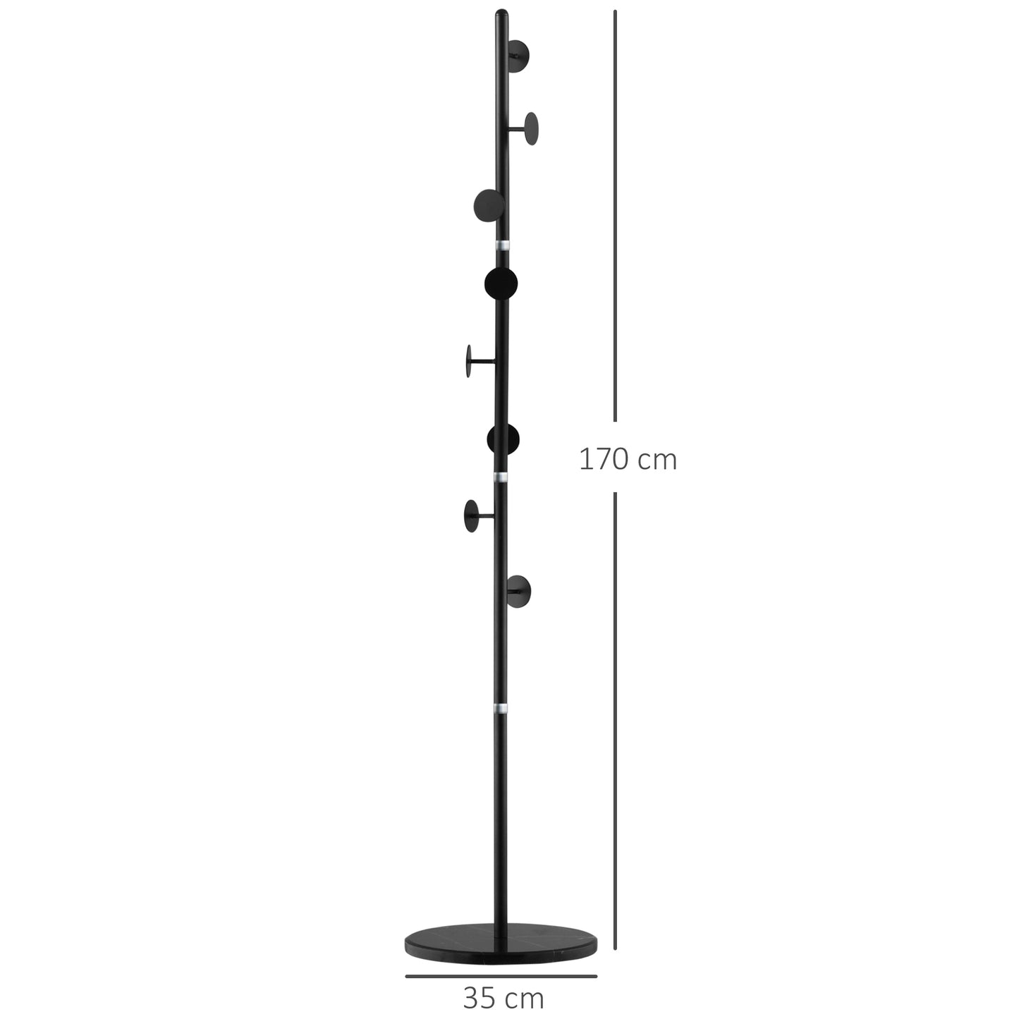 HOMCOM Coat Rack Free Standing Hall Tree with 8 Round Disc Hooks for Clothes, Hats,Purses, Steel Entryway Coat Stand with Marble Base, Black