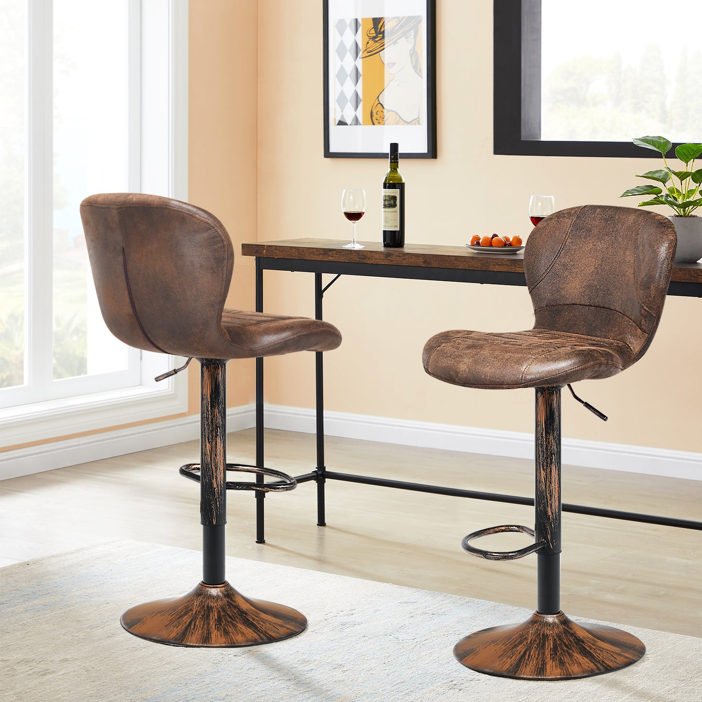 2 Pieces Leather Bar Stool with Adjustable Height and Swivel Gas Lift