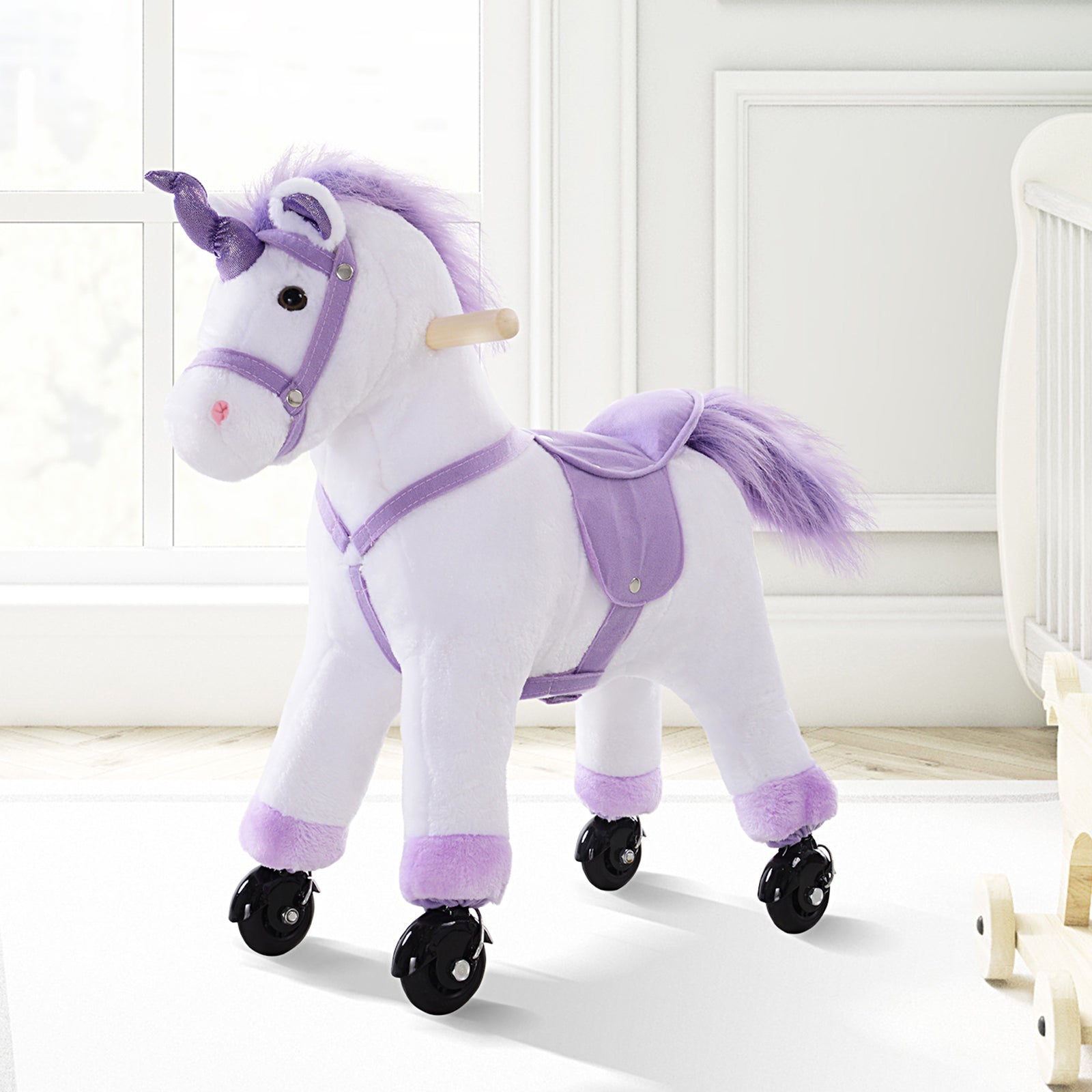 HOMCOM Four Wheel Sit-On Unicorn Horse Neigh Button Plush Safe Seat Handlebar Wood Frame
