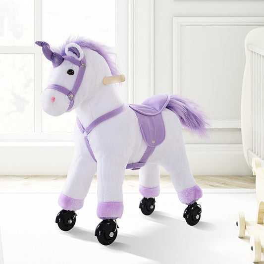HOMCOM Four Wheel Sit-On Unicorn Horse Neigh Button Plush Safe Seat Handlebar Wood Frame