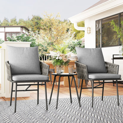 Outsunny 3-Piece Rattan Bistro Set, Garden Table and Chairs with 4 Cushions, Patio Rattan Conversation Furniture Set for Balcony, Porch, Terrace, Grey