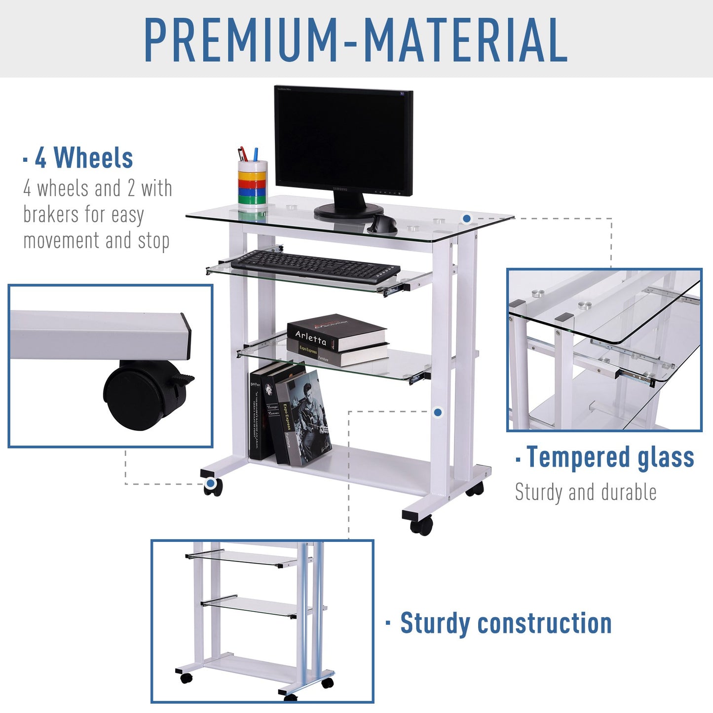 HOMCOM Computer Desk Glass Table Workstation Laptop pc desk mobile  with wheels White