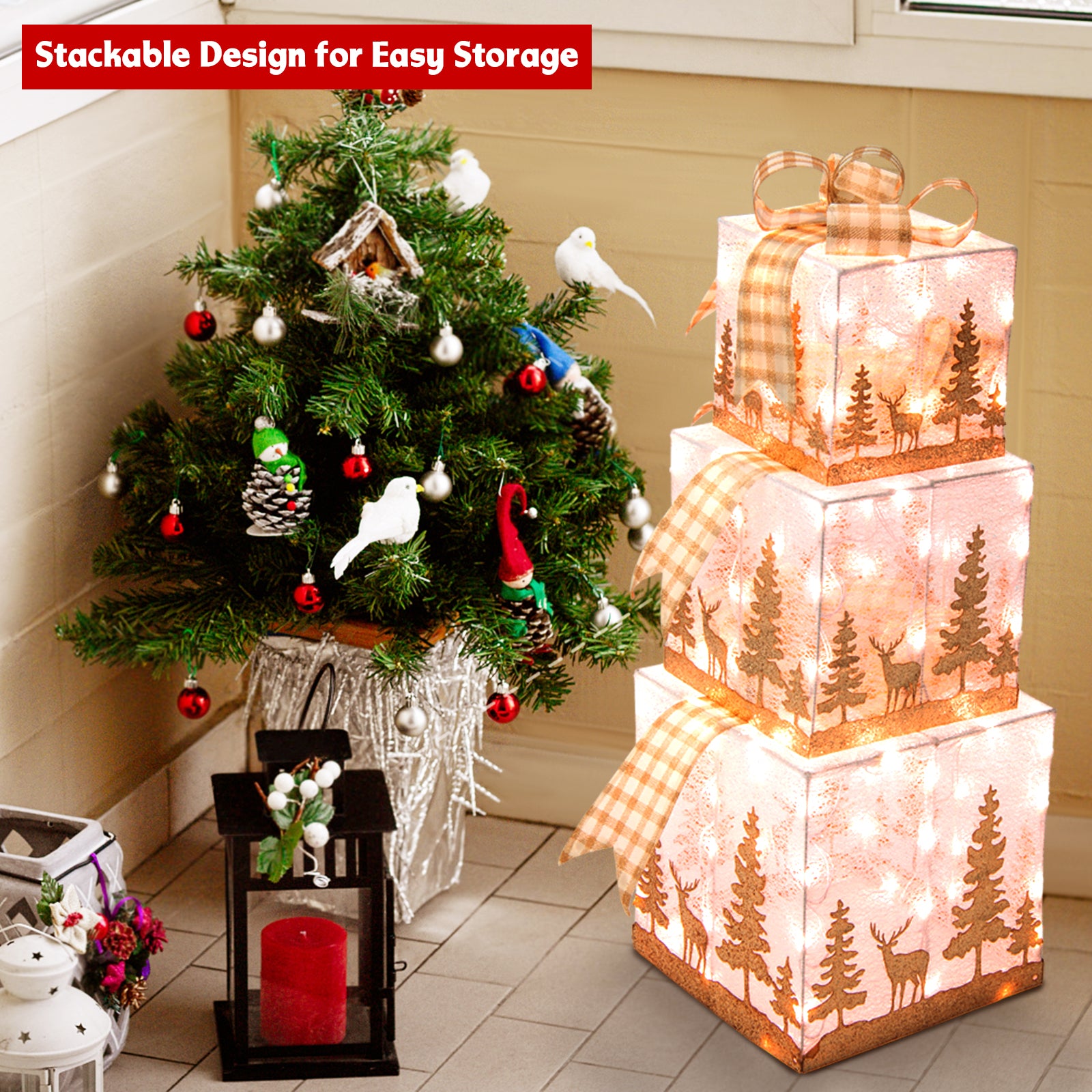  Lighted Christmas Gift Box Set of 3 for Indoor and Outdoor