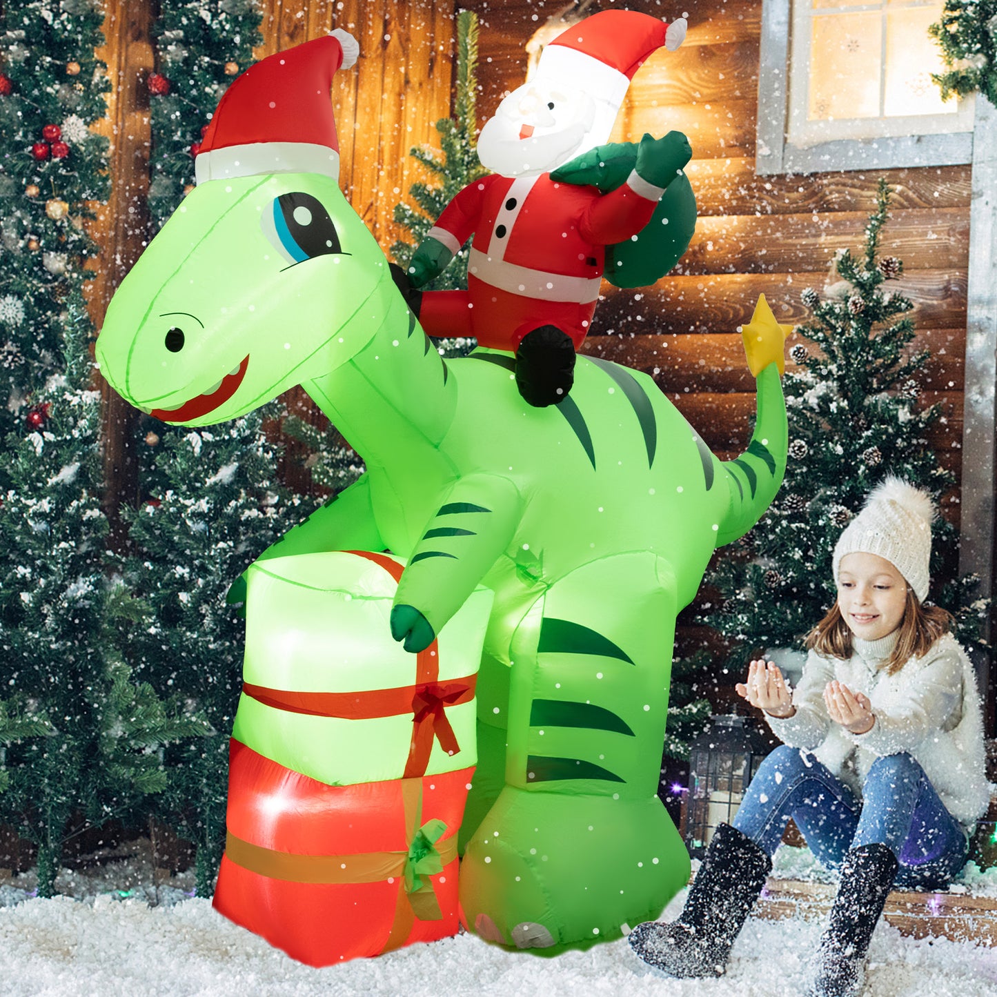 247 CM Lighted Santa Claus Dinosaur Decoration with Gift Boxes