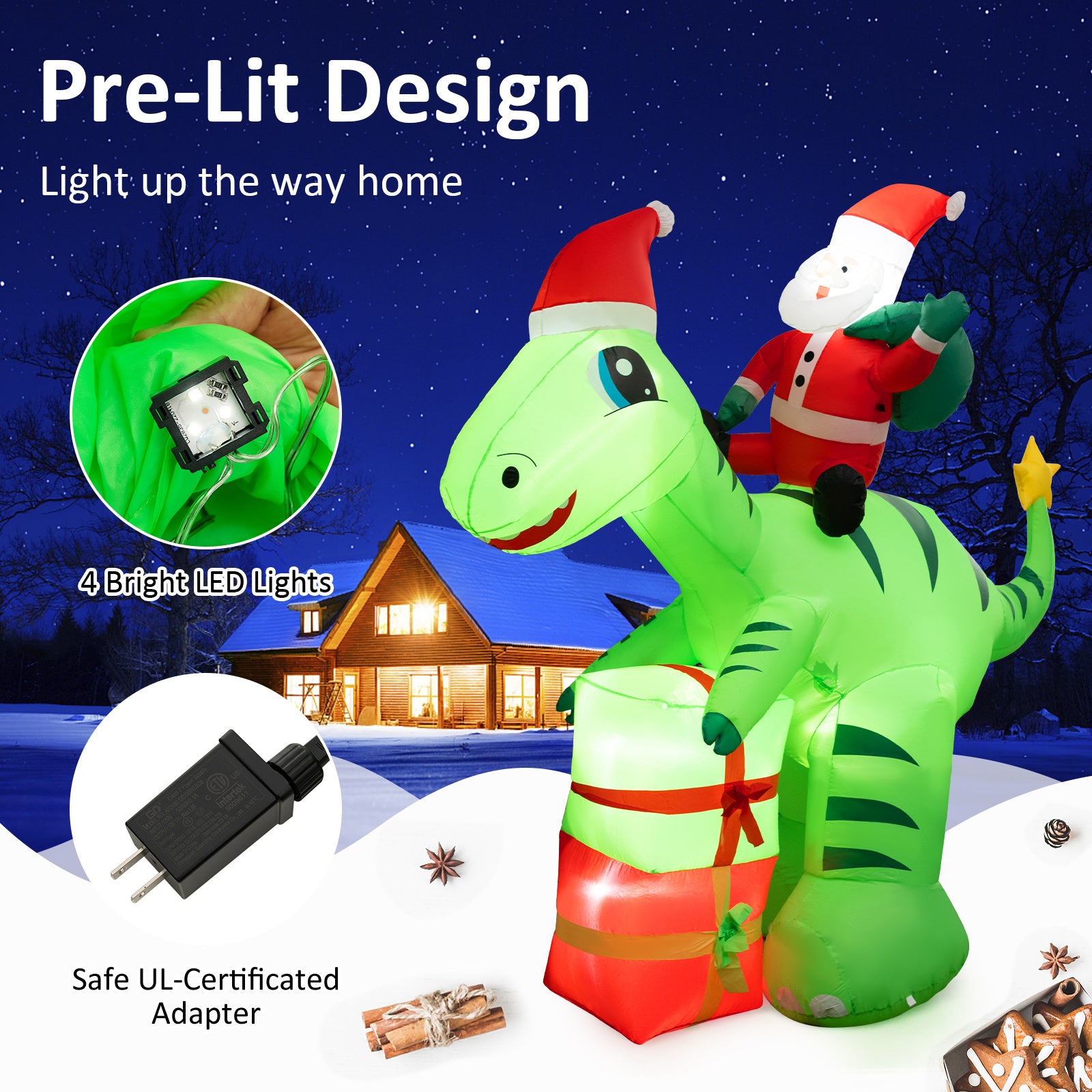 247 CM Lighted Santa Claus Dinosaur Decoration with Gift Boxes