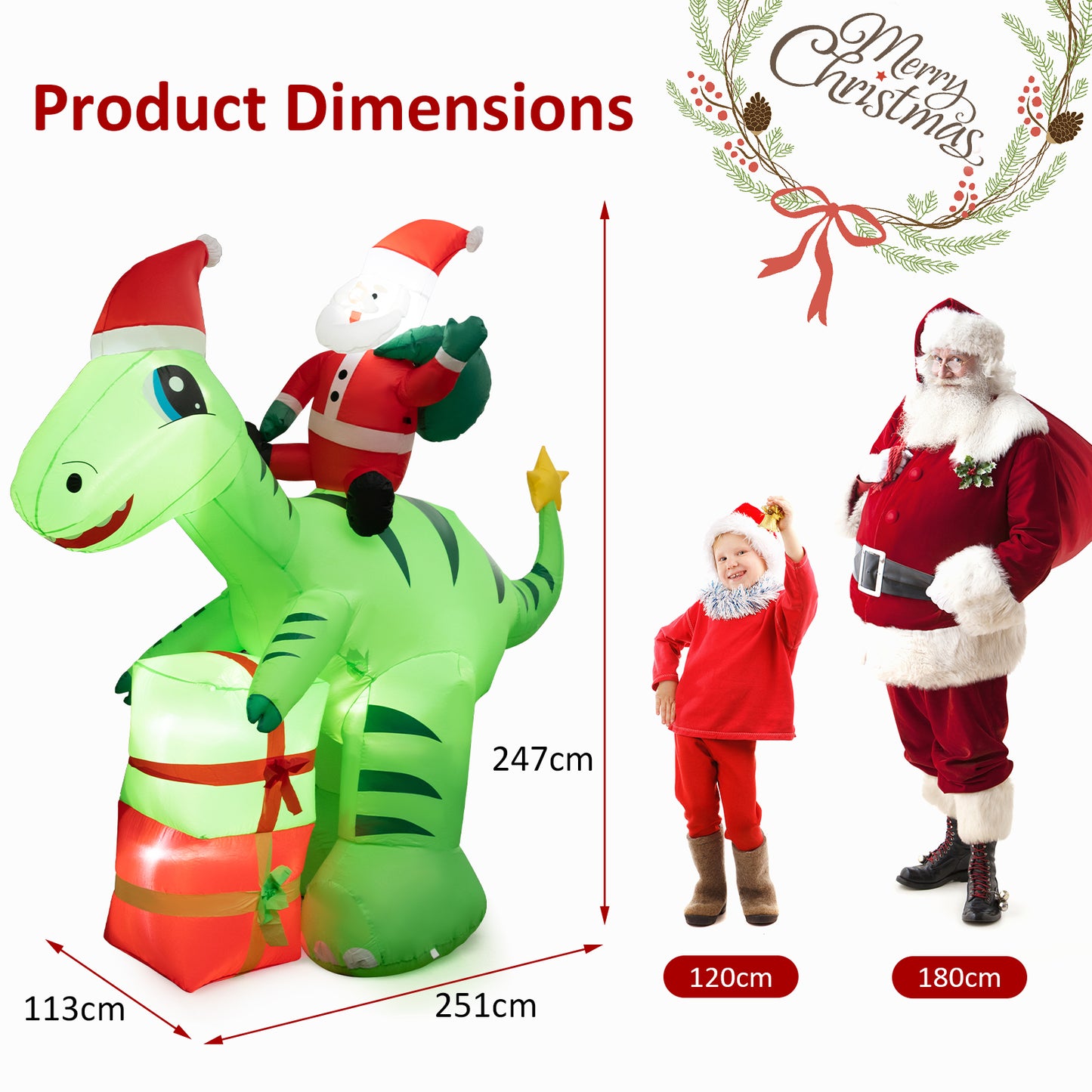 247 CM Lighted Santa Claus Dinosaur Decoration with Gift Boxes