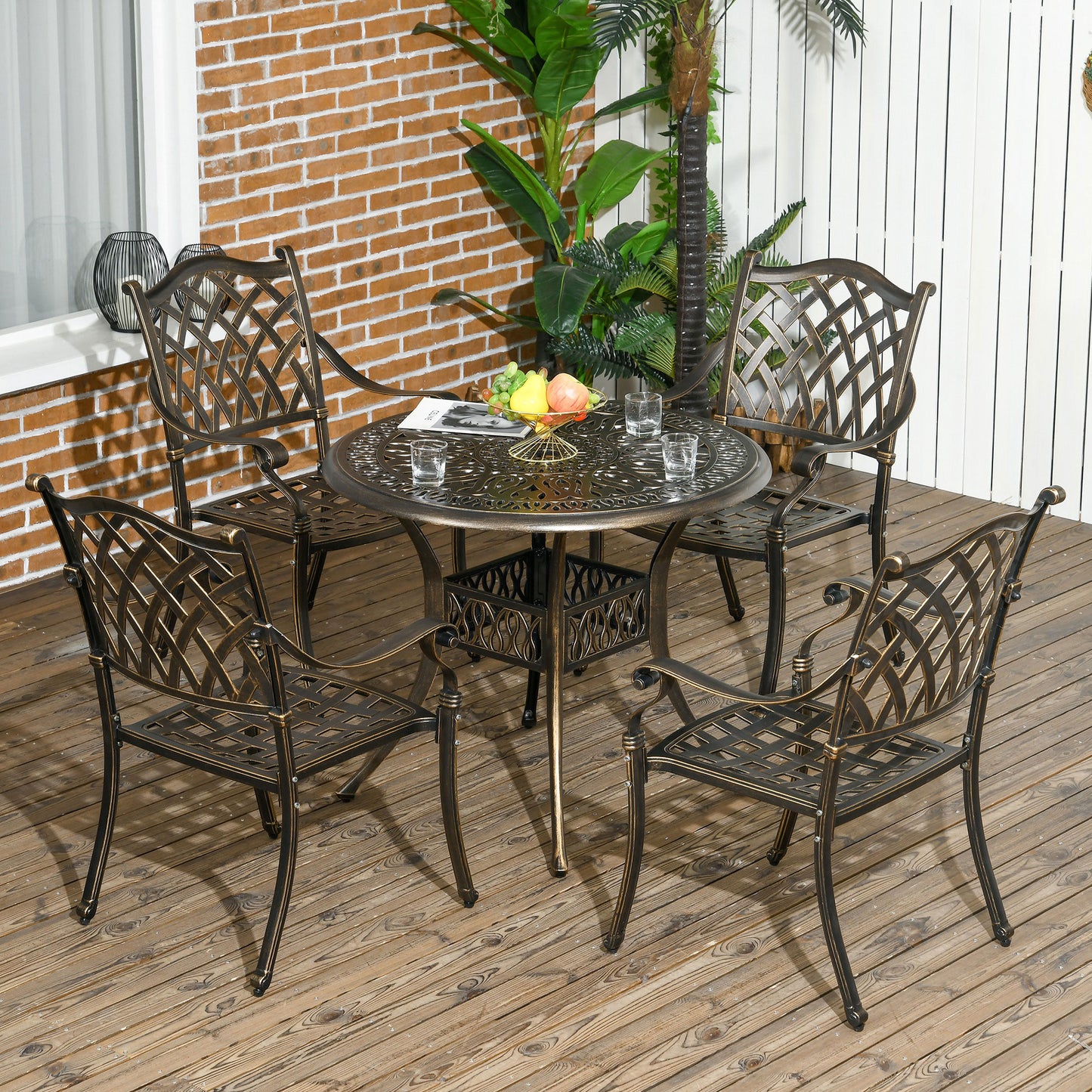 Outsunny 5-Piece Outdoor Furniture Dining Set, Cast Aluminum Conversation Set Includes 4 Chairs and ?90cm Round Table with ?50mm Umbrella Hole for Patio Garden Deck, Flower Design