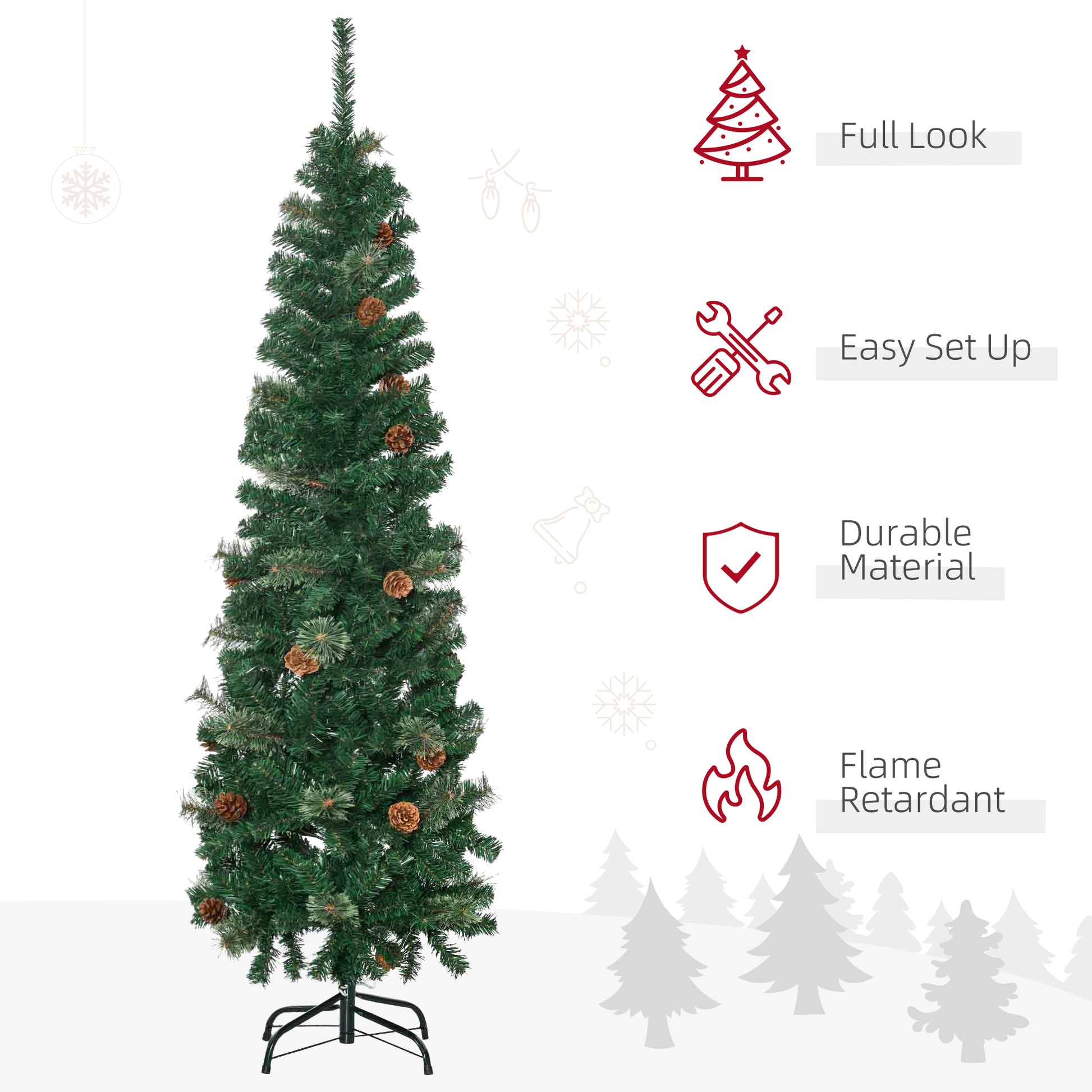 HOMCOM 5.5' Tall Pencil Slim Artificial Christmas Tree with Realistic Branches, 412 Tip Count and 21 Pine Cones, Pine Needles Tree, Xmas Decoration