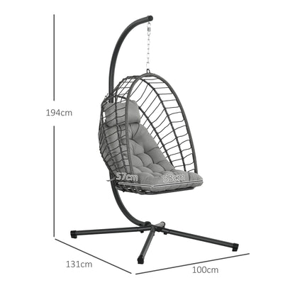 Outsunny Outdoor PE Rattan Swing Chair with Foldable Basket and Cushion, Garden Patio Hanging Egg Chair with Metal Stand, Headrest for Indoor and Outdoor, Light Grey