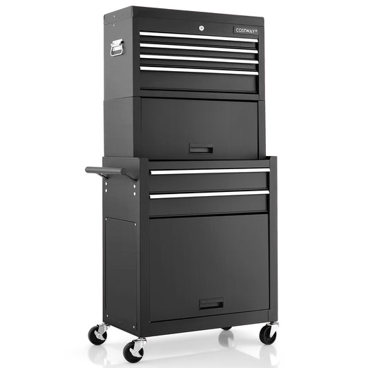 Lockable Tool Storage Cabinet with Handle, Drawers, Wheels and EVA Liner-Black