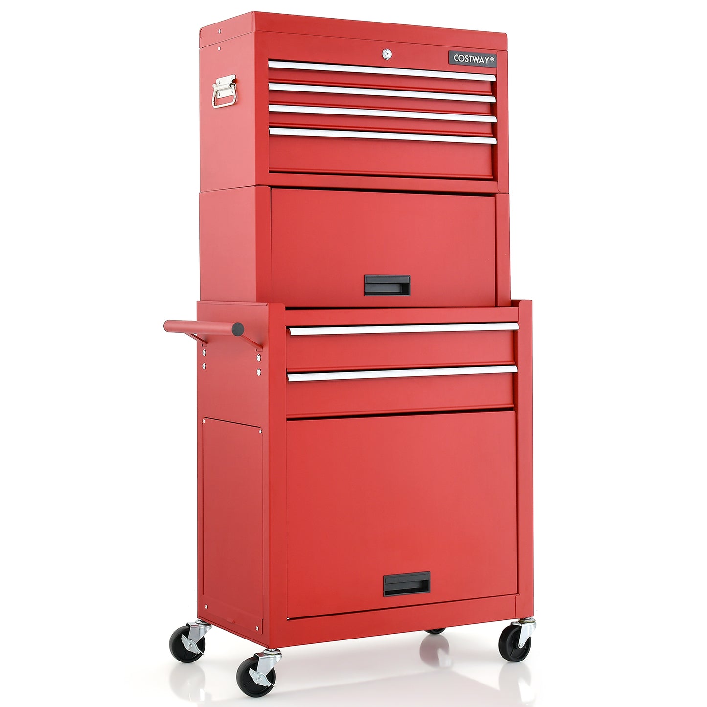 Lockable Tool Storage Cabinet with Handle, Drawers, Wheels and EVA Liner-Red &amp; Black