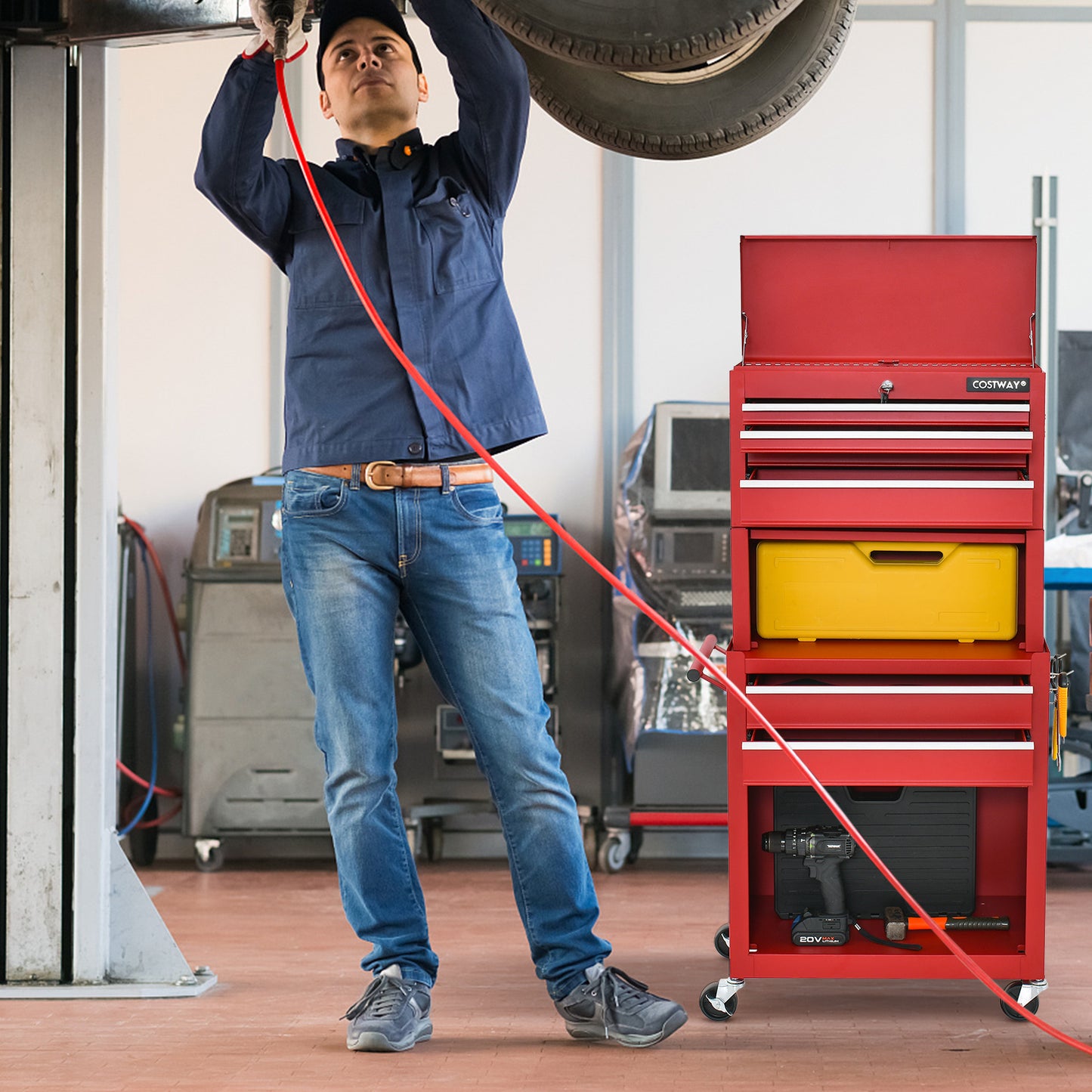 Lockable Tool Storage Cabinet with Handle, Drawers, Wheels and EVA Liner-Red &amp; Black
