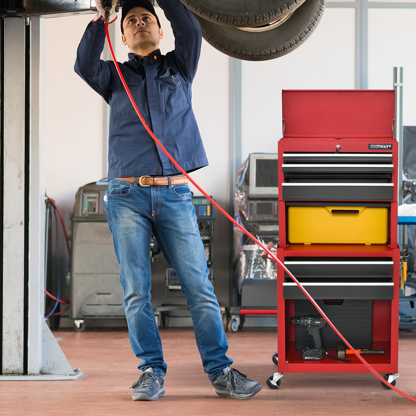 Lockable Tool Storage Cabinet with Handle, Drawers, Wheels and EVA Liner-Red