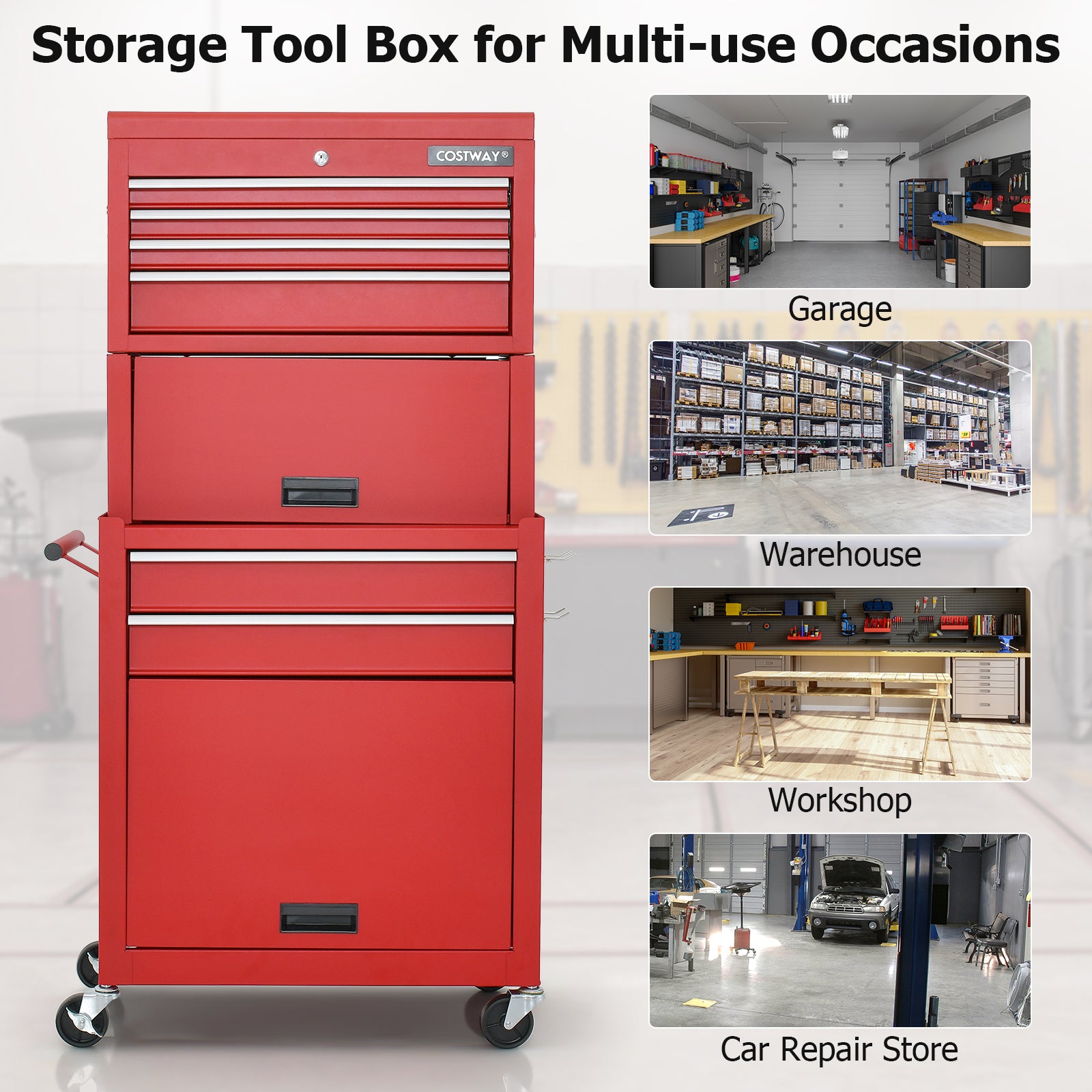 Lockable Tool Storage Cabinet with Handle, Drawers, Wheels and EVA Liner-Red &amp; Black