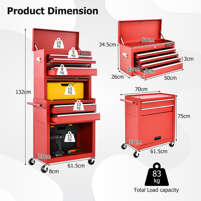 Lockable Tool Storage Cabinet with Handle, Drawers, Wheels and EVA Liner-Red &amp; Black