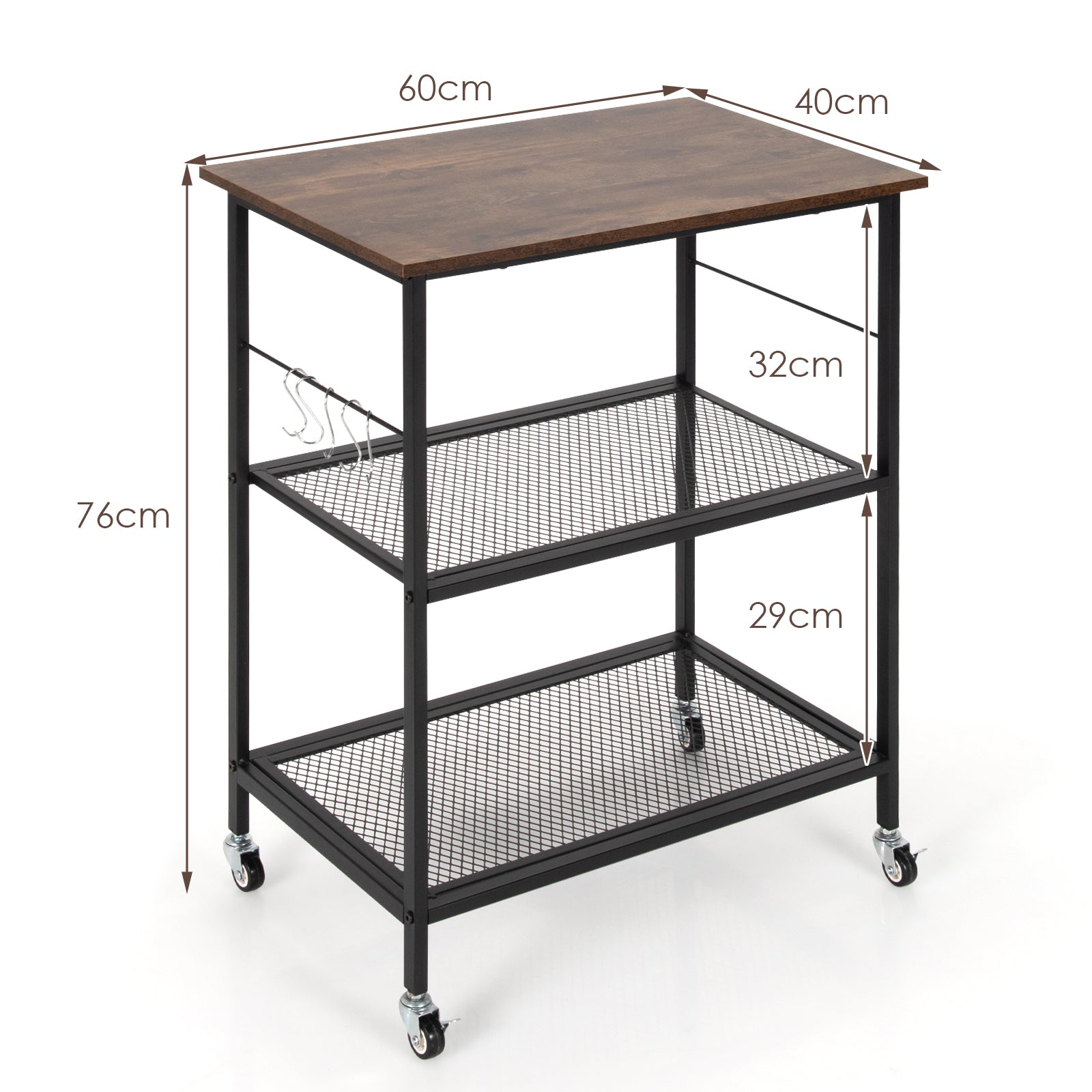 Lockable Trolley with Flexible Wheels, 2 Mesh Shelves and 5 Hanging Hooks-Coffee