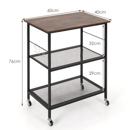 Lockable Trolley with Flexible Wheels, 2 Mesh Shelves and 5 Hanging Hooks-Coffee