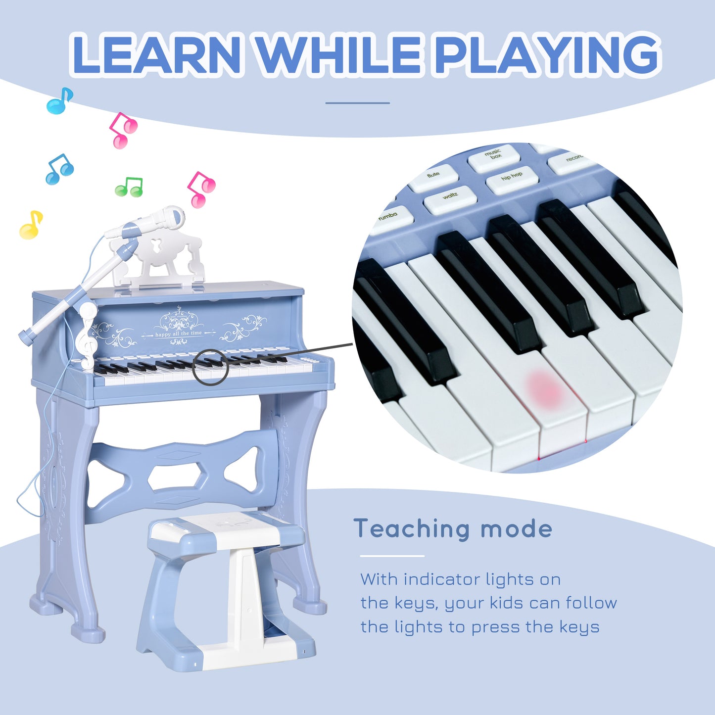 HOMCOM 37 Keys Mini Electronic Keyboard Light Kids Musical Instrument Educational Game Children Grand Piano Toy Set w/Stool & Microphone & Music Blue