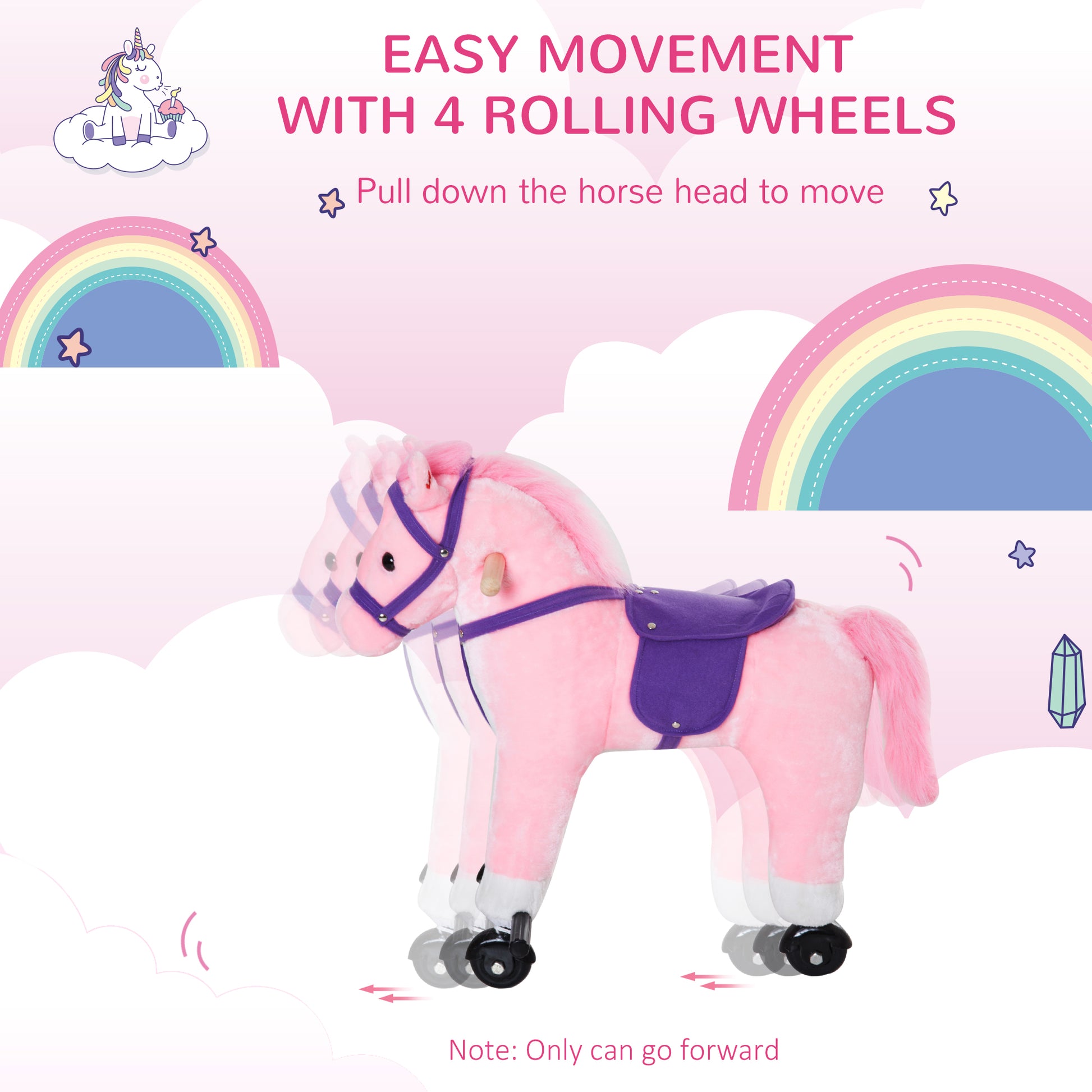 HOMCOM Rocking Horse W/Rolling Wheels and Sound-Pink
