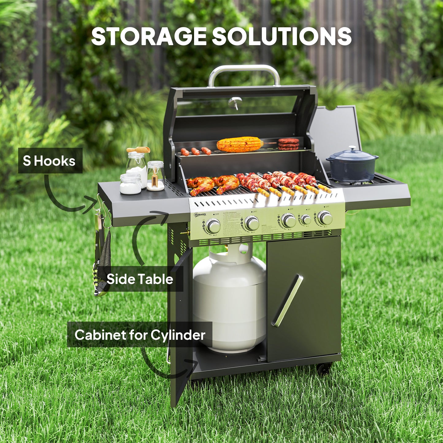 Outsunny 4+1 Burner Gas BBQ Grill with Clear View Lid, Portable Gas Barbecue Grill with Built-in Thermometer, Side Table, Cabinet, Wheels, Grease Tray for Garden Party Outdoor Cooking, Black
