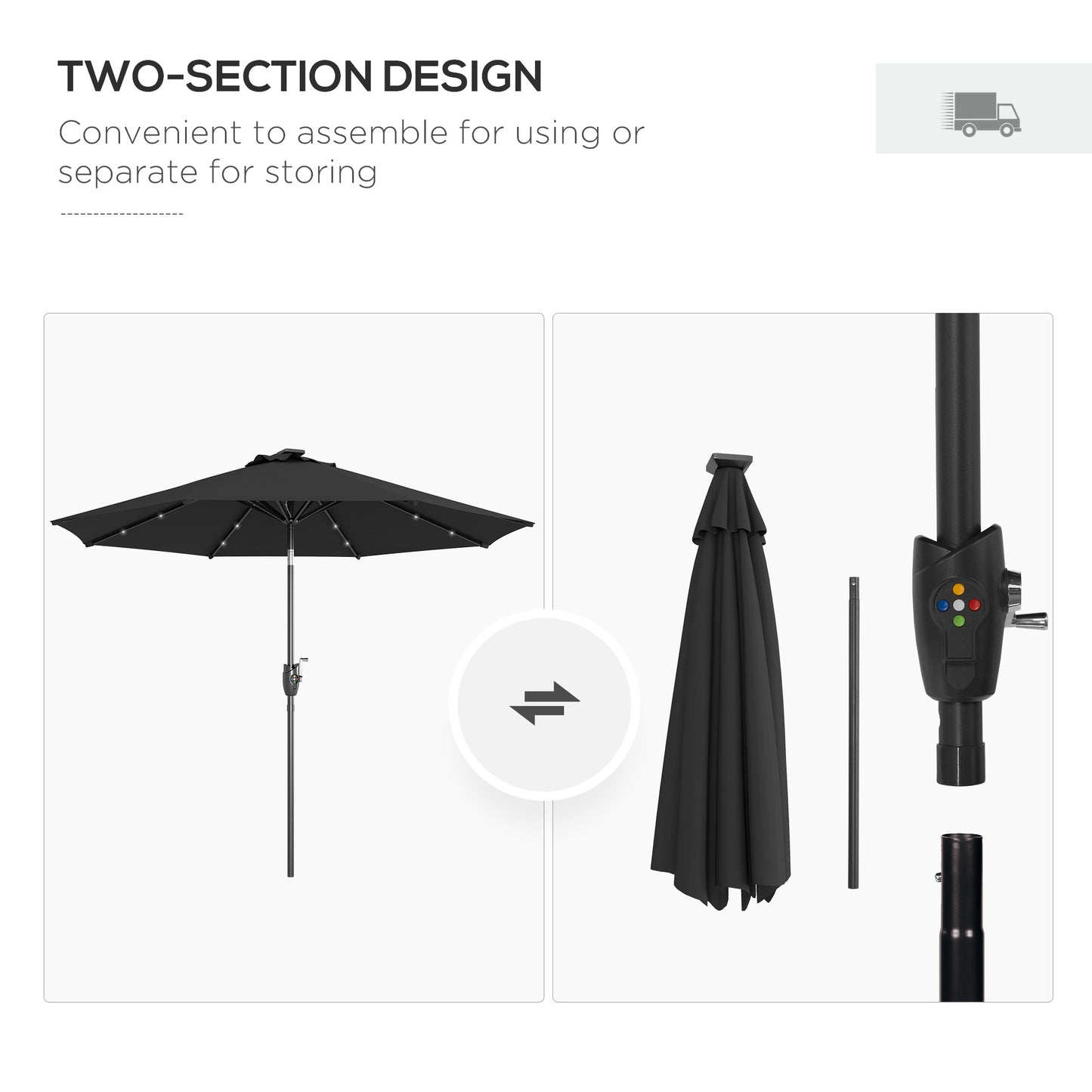 Outsunny ?2.7m Garden Parasol Solar Outdoor Tilt Sun Umbrella Patio Sun Shade w/ 24 LED Light, Hand Crank and 8 Ribs, Black