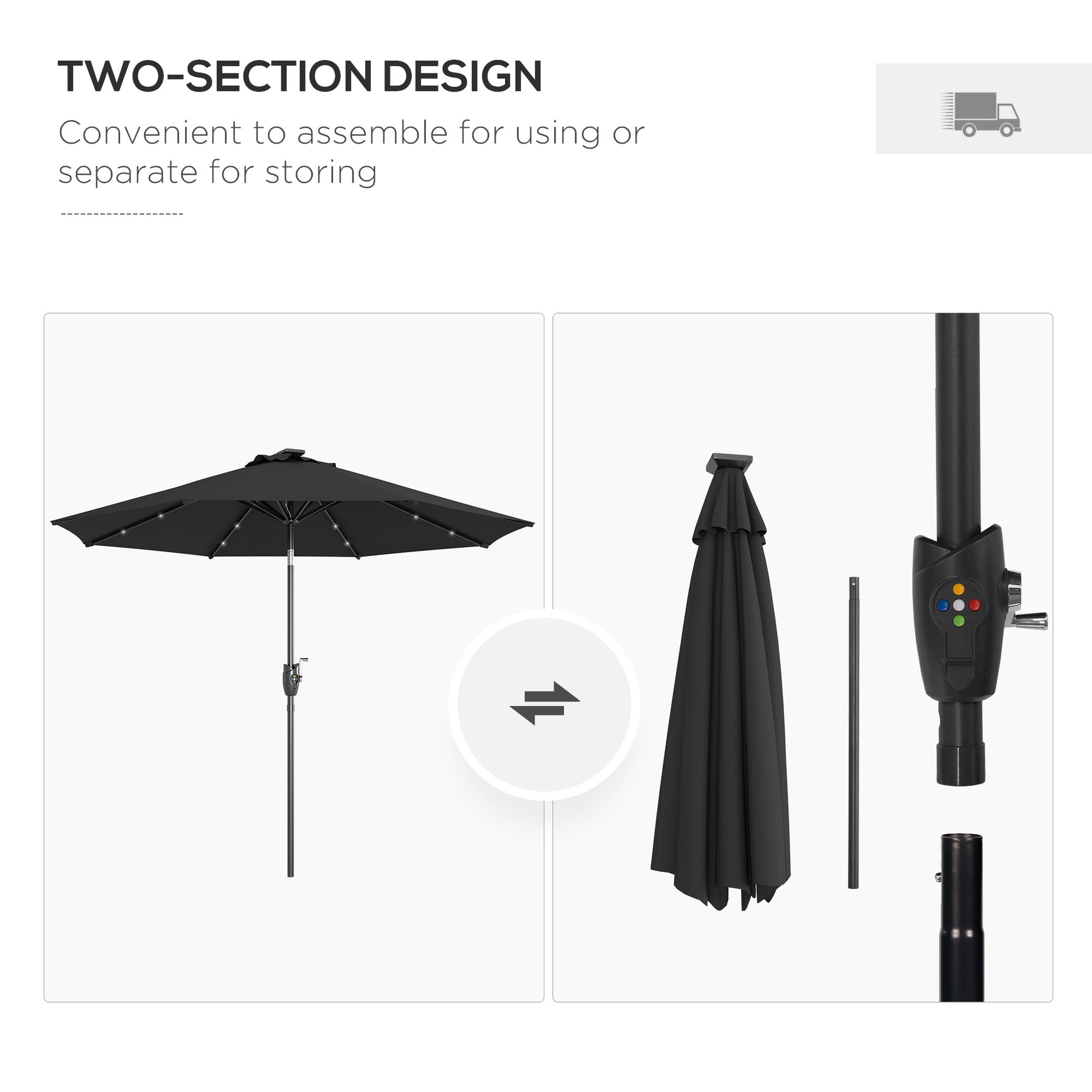 Outsunny ?2.7m Garden Parasol Solar Outdoor Tilt Sun Umbrella Patio Sun Shade w/ 24 LED Light, Hand Crank and 8 Ribs, Black