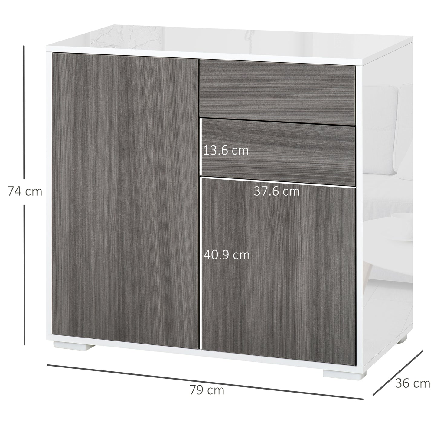 HOMCOM Modern Stylish Freestanding Push-Open Design Cabinet with 2 Drawer, 2 Door Cabinet, 2 Part Inner Space Light Grey and White