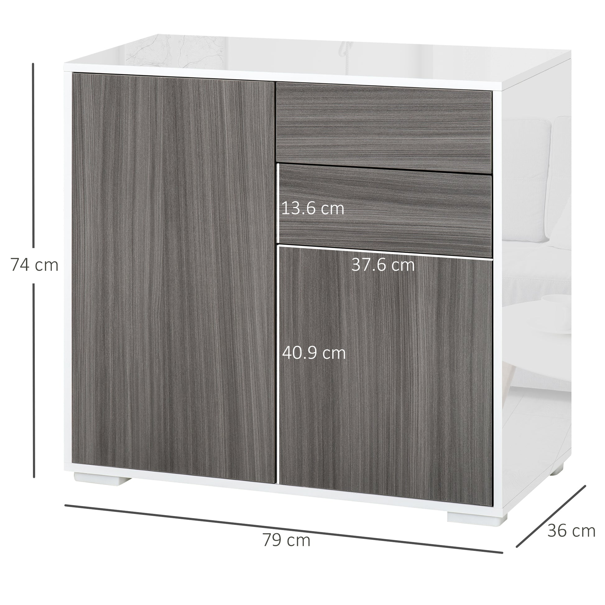 HOMCOM Modern Stylish Freestanding Push-Open Design Cabinet with 2 Drawer, 2 Door Cabinet, 2 Part Inner Space Light Grey and White