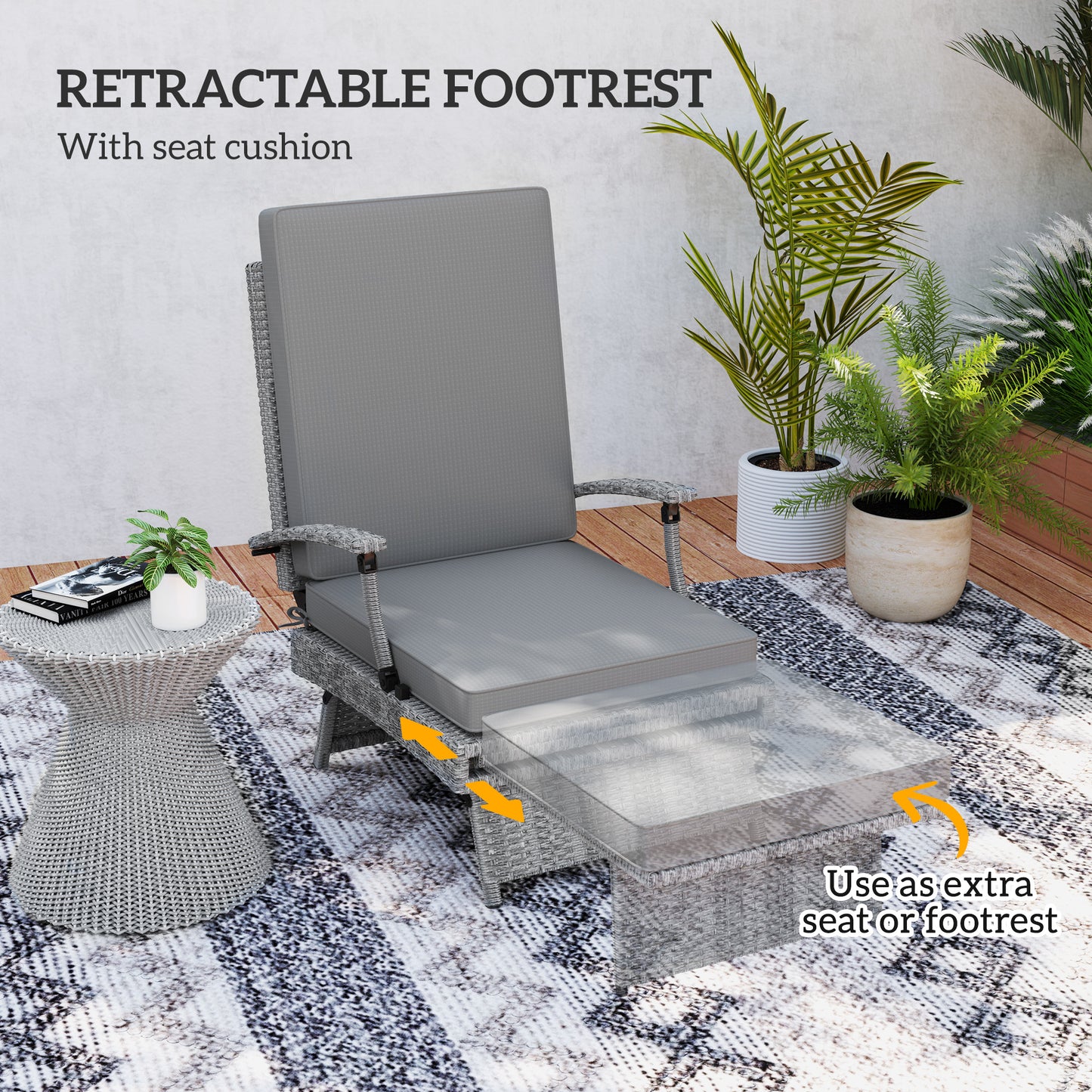 Outsunny 80° Reclining Rattan Lounger - Grey