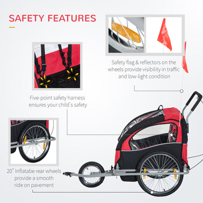 HOMCOM Collapsible Bike Trailer 2-Seater for Baby Bicycle with Pivot Wheel Suitable For 18 Month + Child(Black and Red)